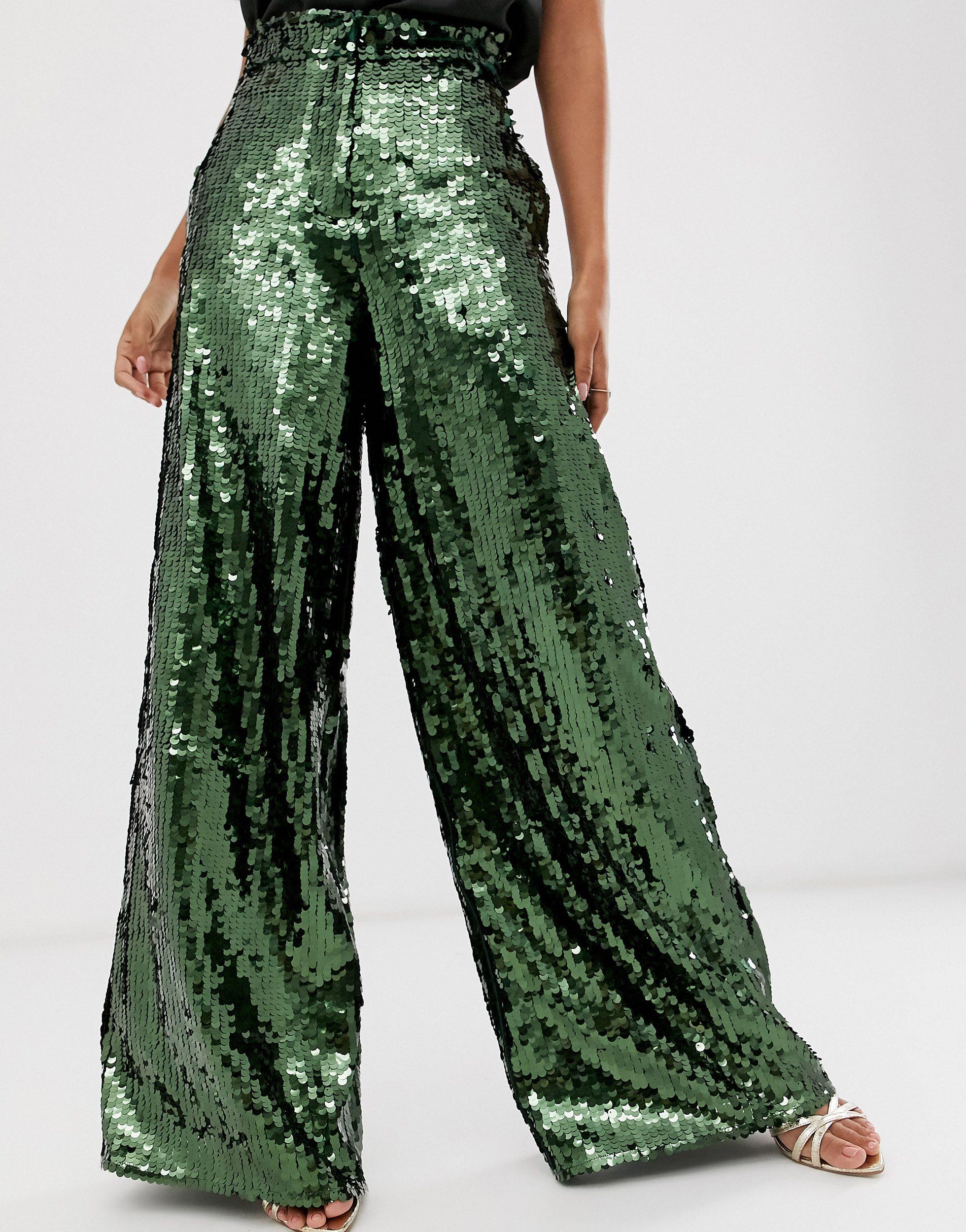 ASOS Sequin Wide Leg Flare Pant in Green | Lyst UK