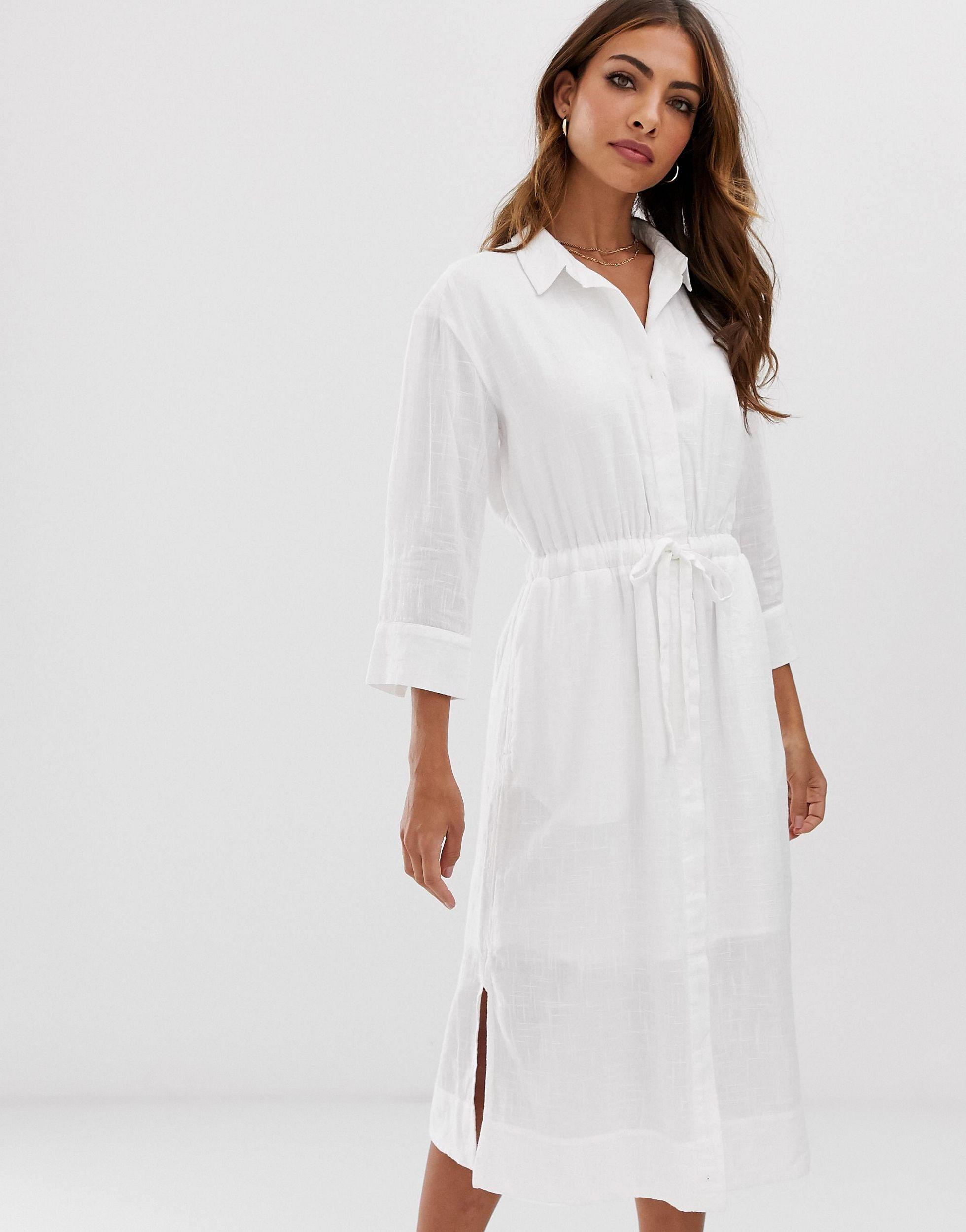 Esprit Leather Tie Waist Midi Shirt Dress With Side Slits in White - Lyst