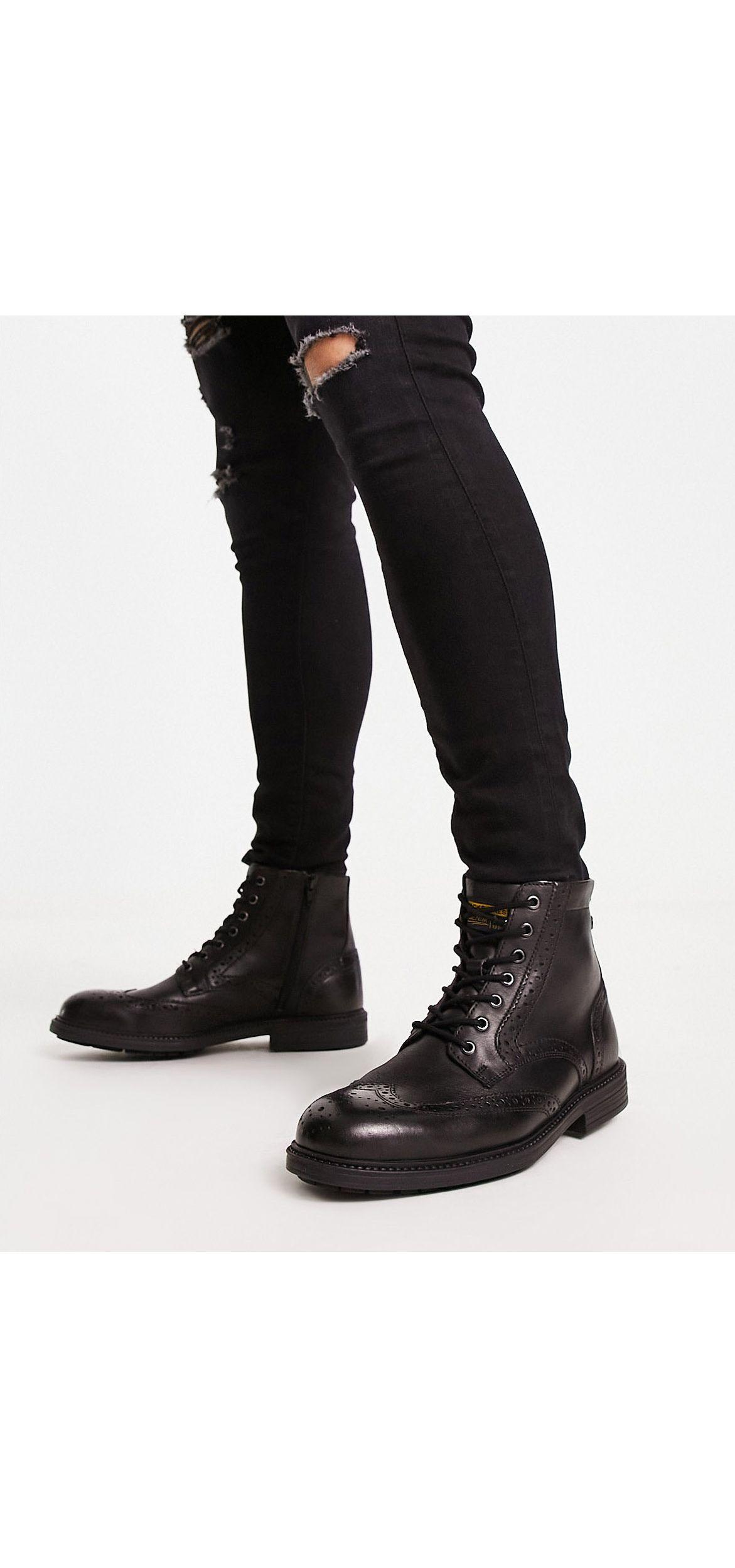 Jack & Jones Leather Brogue Boot in Black for Men | Lyst