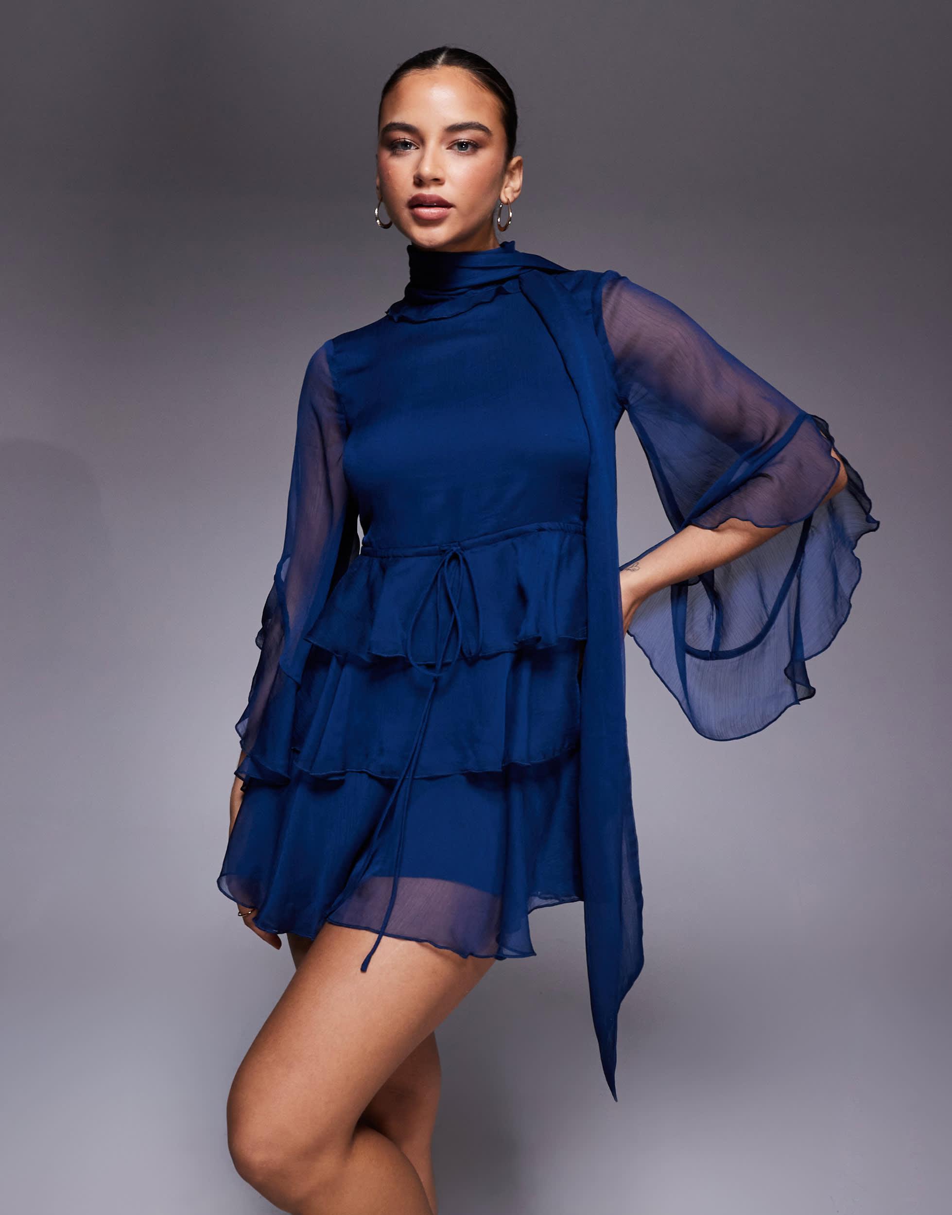 bardot tiered hem mini dress Bardot Norah Chiffon High Neck Ruffle Detail Tiered Mini Dress in Blue