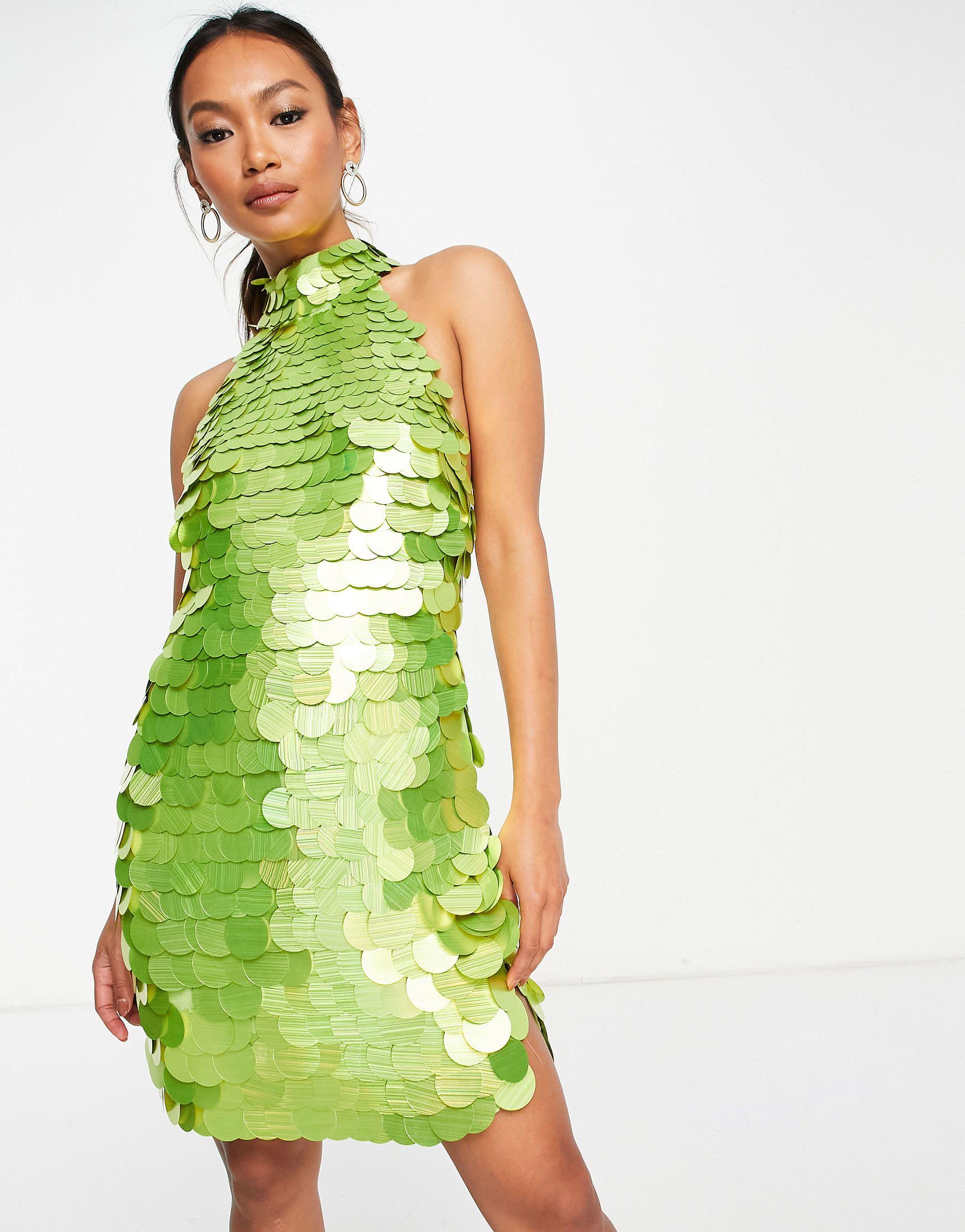 ASOS Disc Sequin Halter Mini Dress in Green | Lyst