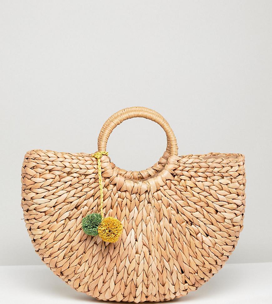 South Beach Half Moon Structured Straw Bag With Pom - Lyst