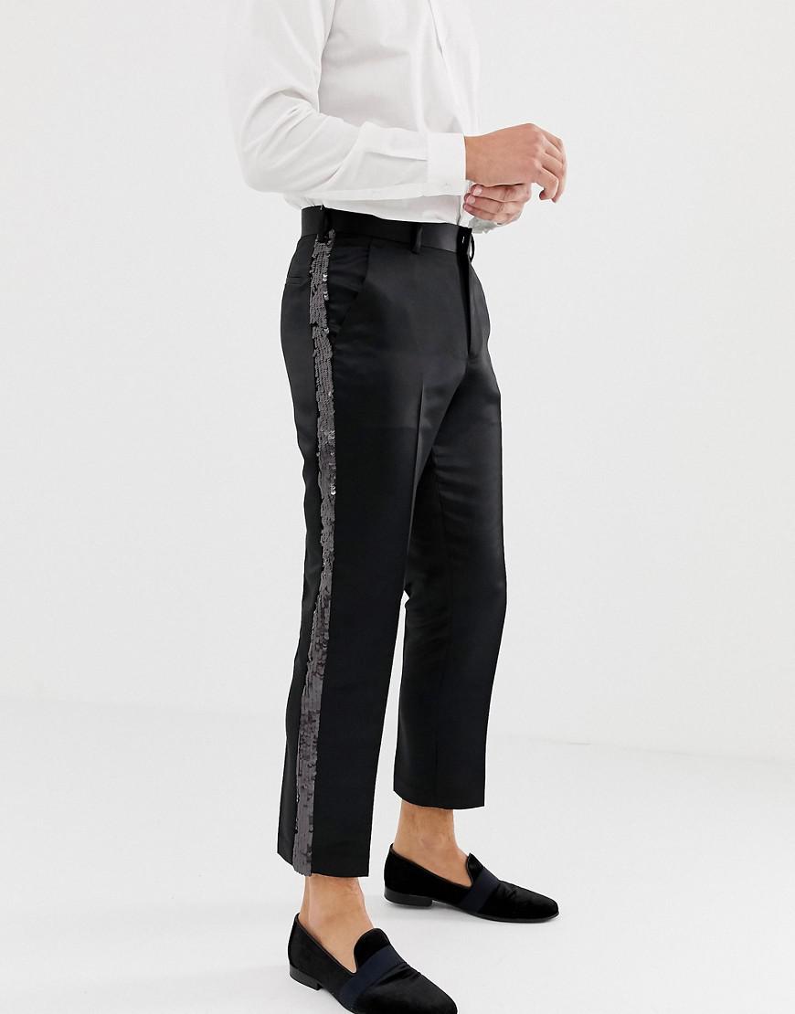 ASOS Slim Crop Smart Pants In Black Satin With Sequin Side Stripe for Men -  Lyst