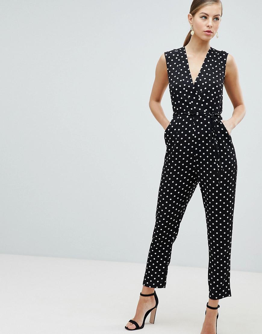 Ax Paris Wrap Front Polka Dot Jumpsuit In Black Lyst
