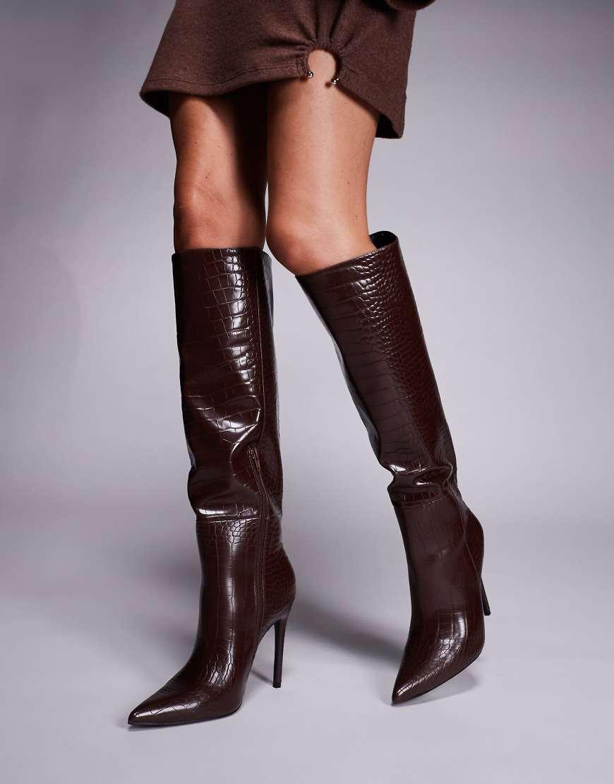 Public Desire Nova Pointed Toe High Heeled Knee Boots in Purple