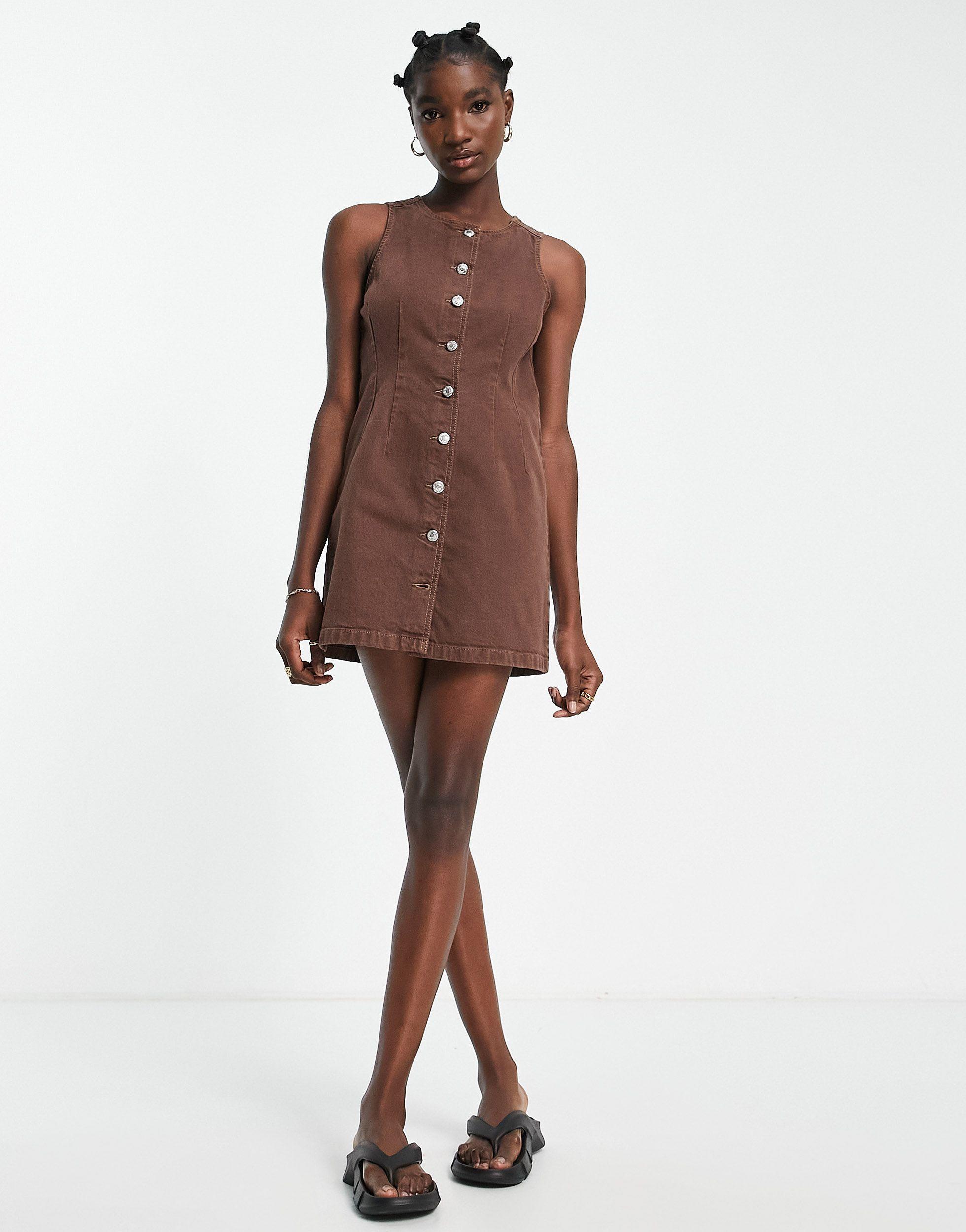 TOPSHOP Button Down Denim Dress in Brown | Lyst
