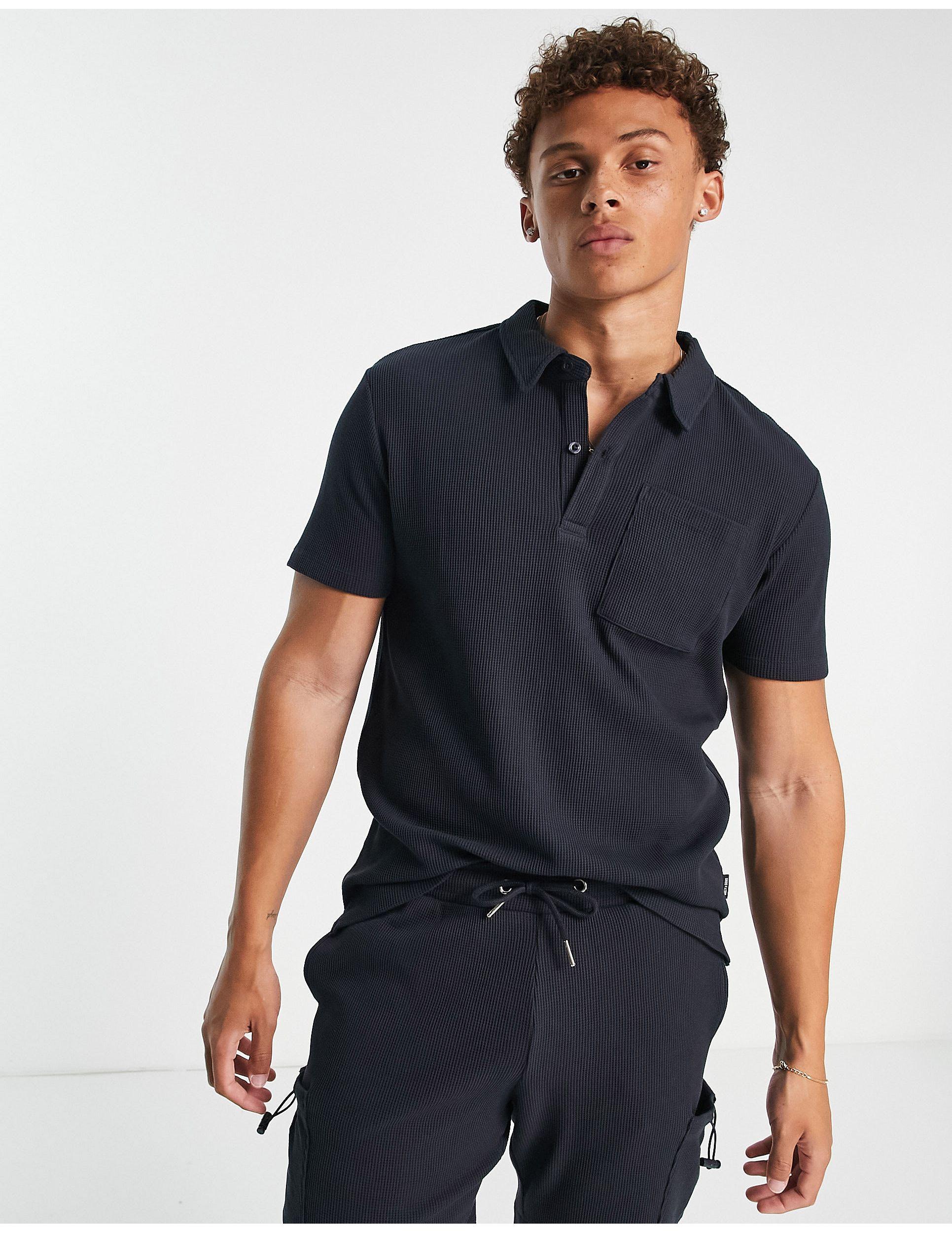 Only & Sons Waffle Polo in Blue for Men | Lyst