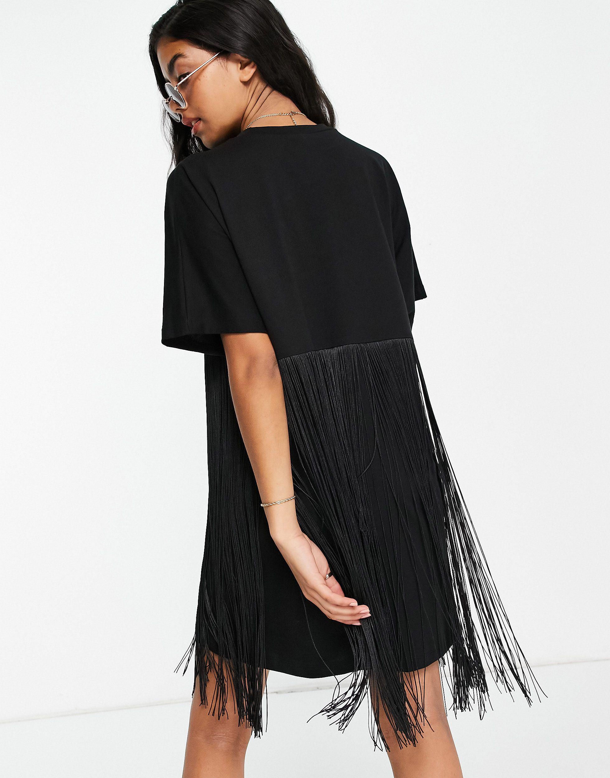 ASOS Mini T-shirt Dress With Fringing in Black | Lyst