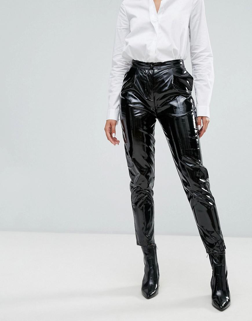 black vinyl high waisted trousers