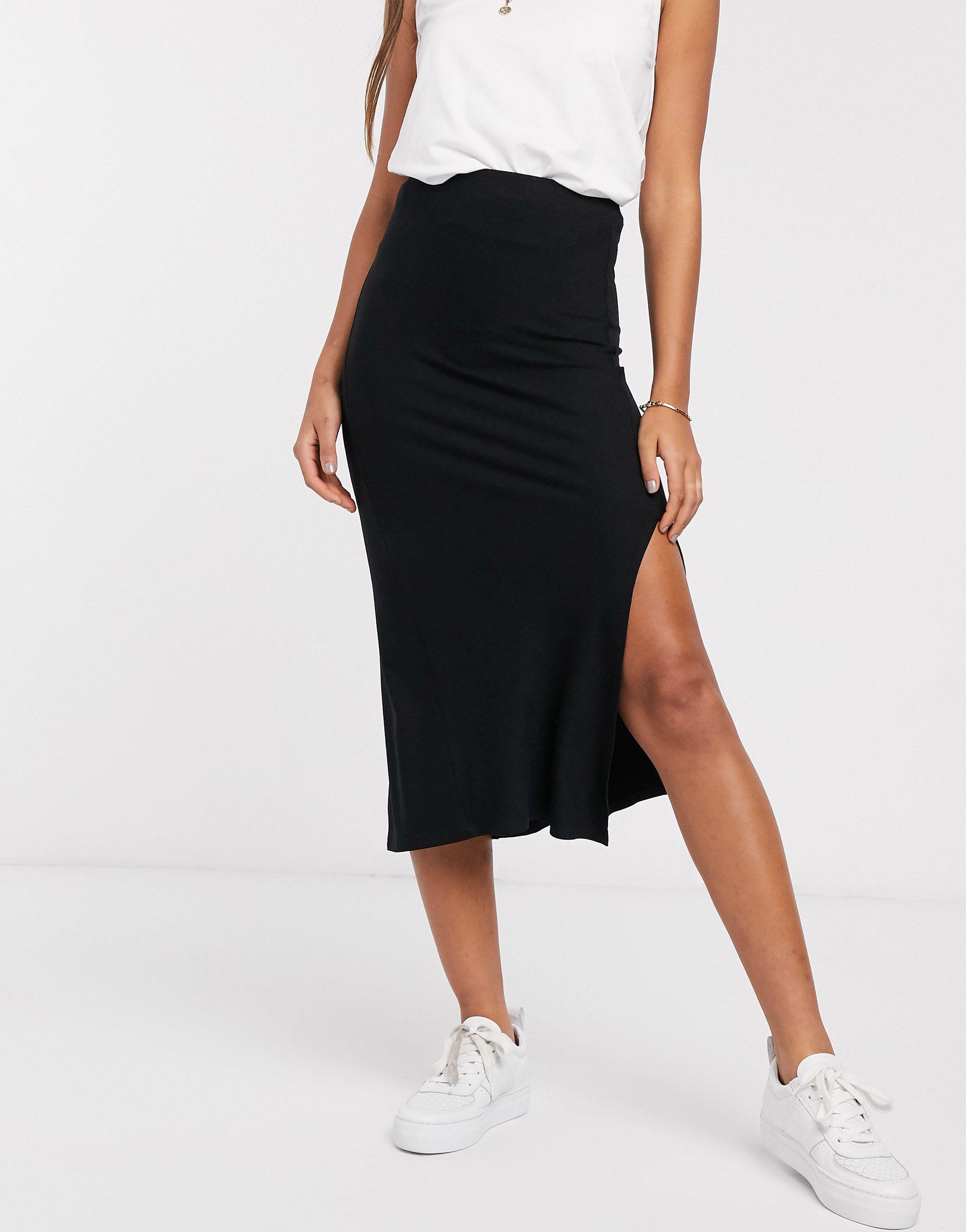 ASOS Bias Cut Jersey Midi Slip Skirt With Split in Black | Lyst