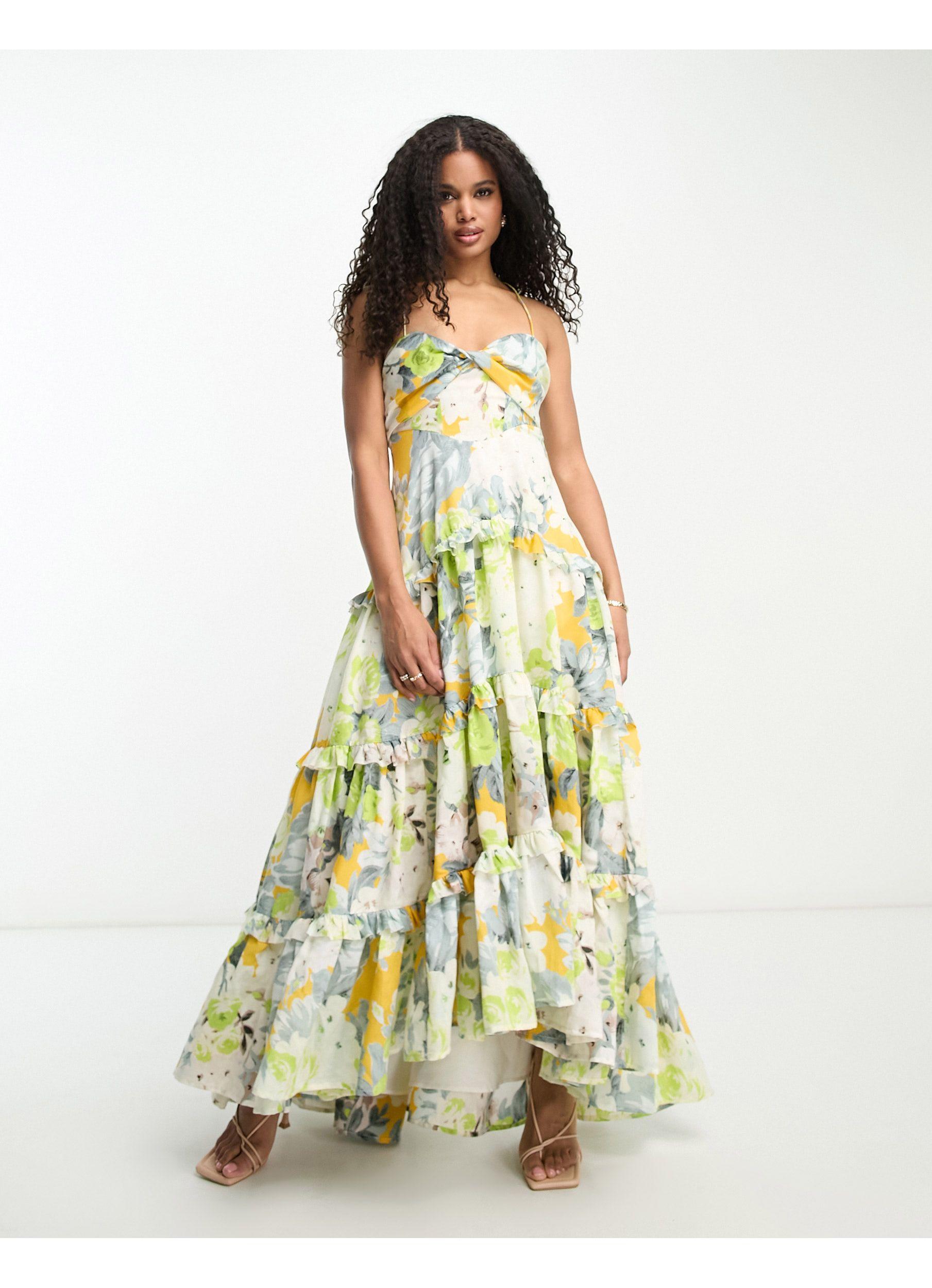 ASOS Twist Front Tiered Babydoll Voile Maxi Dress With Frills And Hi ...
