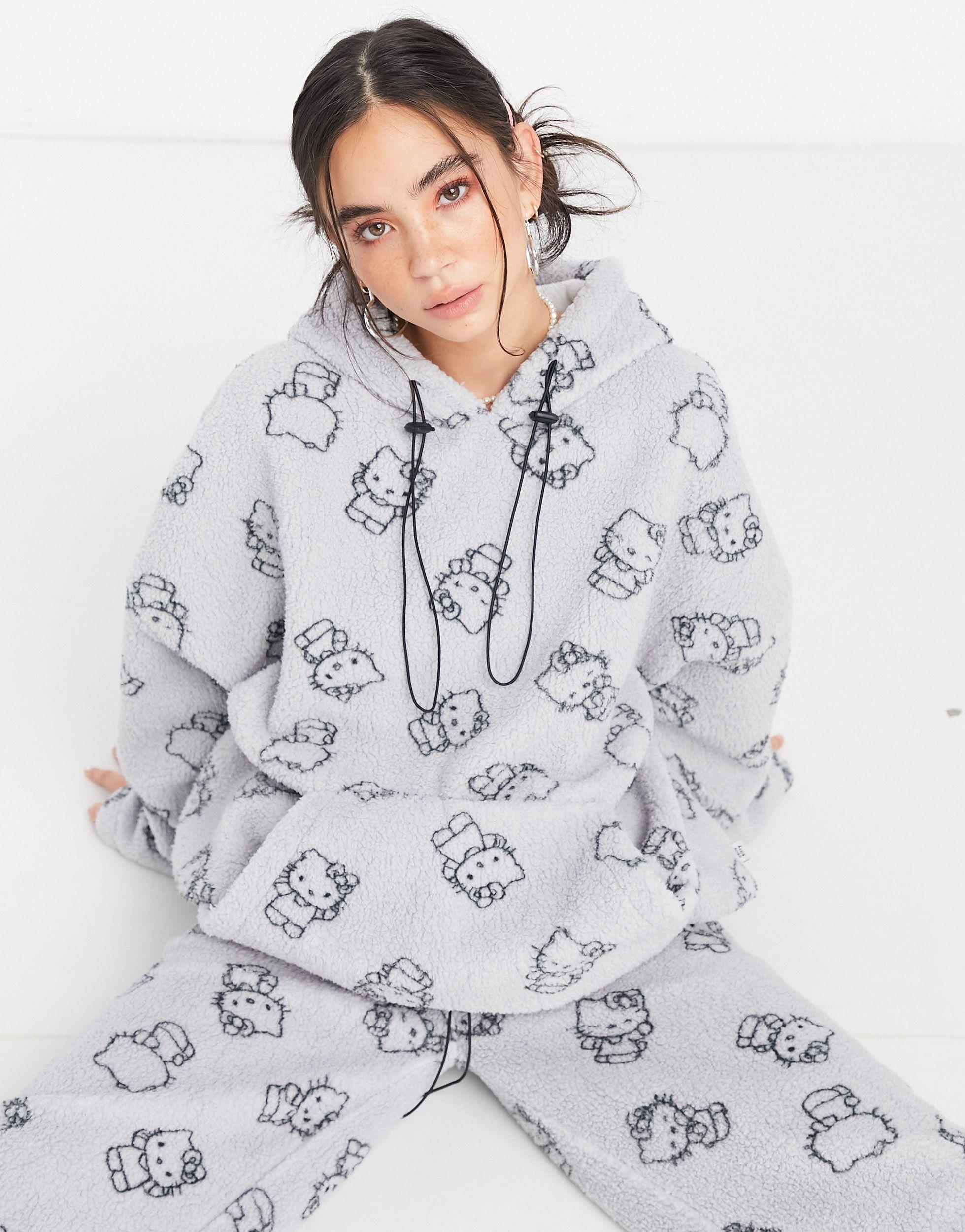 New Girl Order X Hello Kitty Fleece Hoodie With All Over Kitty Print Co-ord  in Grey | Lyst Australia