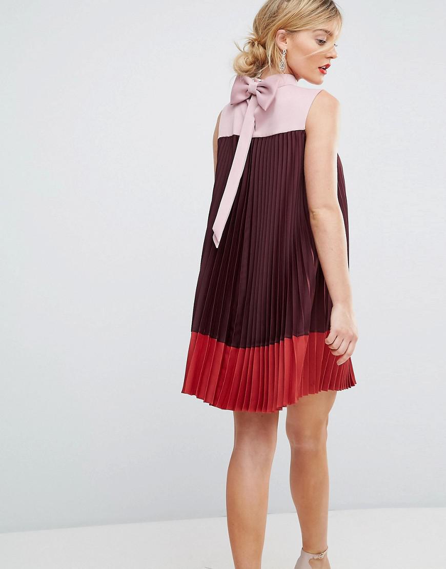 Colourblock Pleated Swing Dress With Bow Back