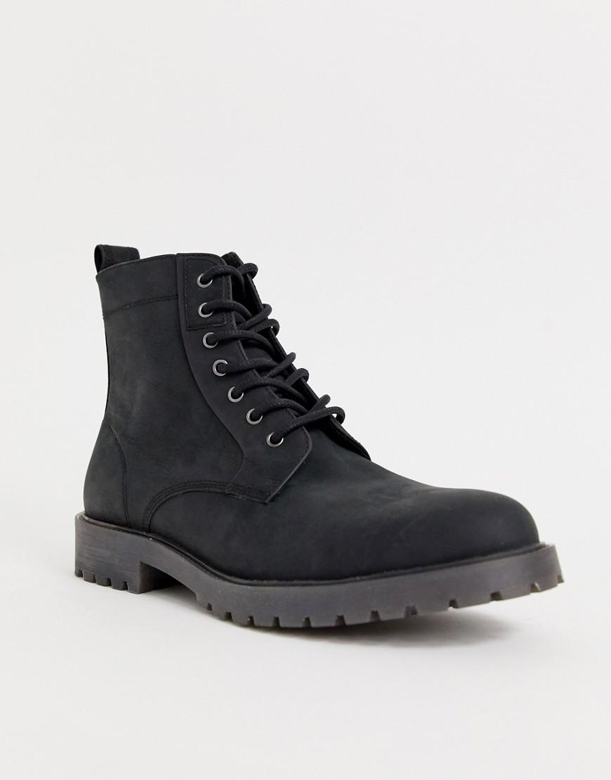 ASOS Lace Up Boots In Black Leather With Chunky Sole in Black for Men
