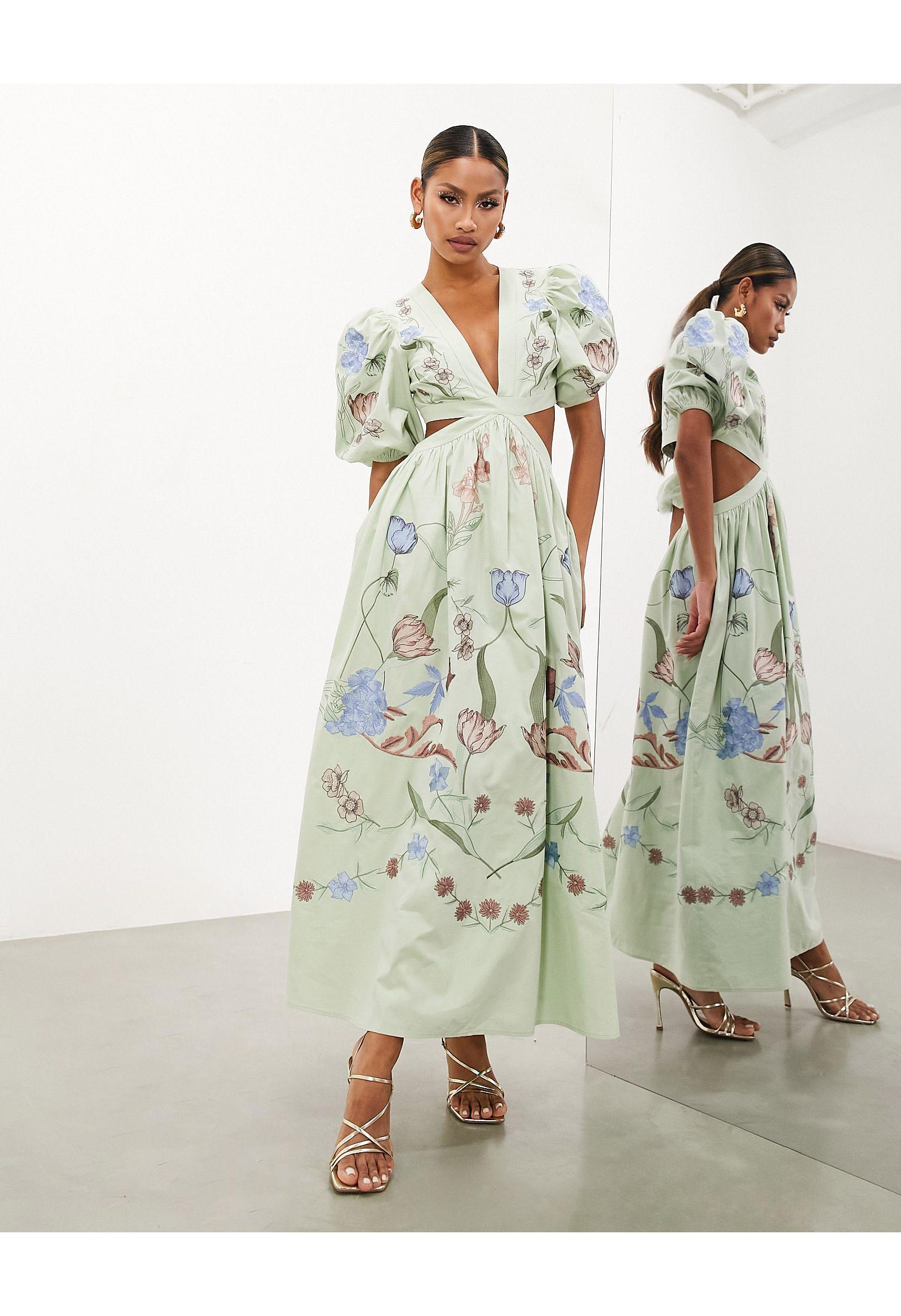 ASOS Floral Embroidered Cut Out Puff Sleeve Midi Dress in Green | Lyst