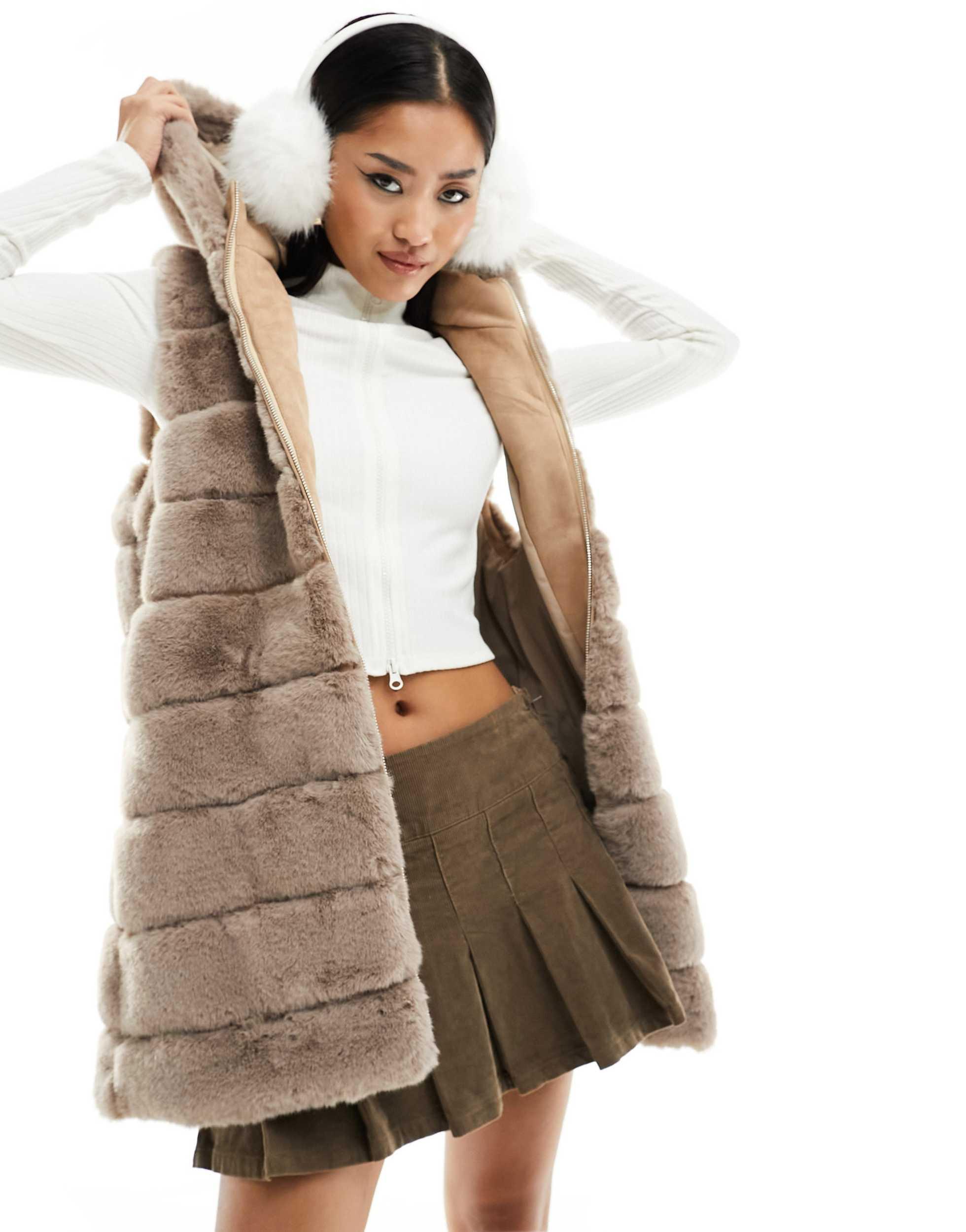 Jayely veste sans manches longue a capuche en fausse fourrure beige Jayley en coloris Neutre Lyst