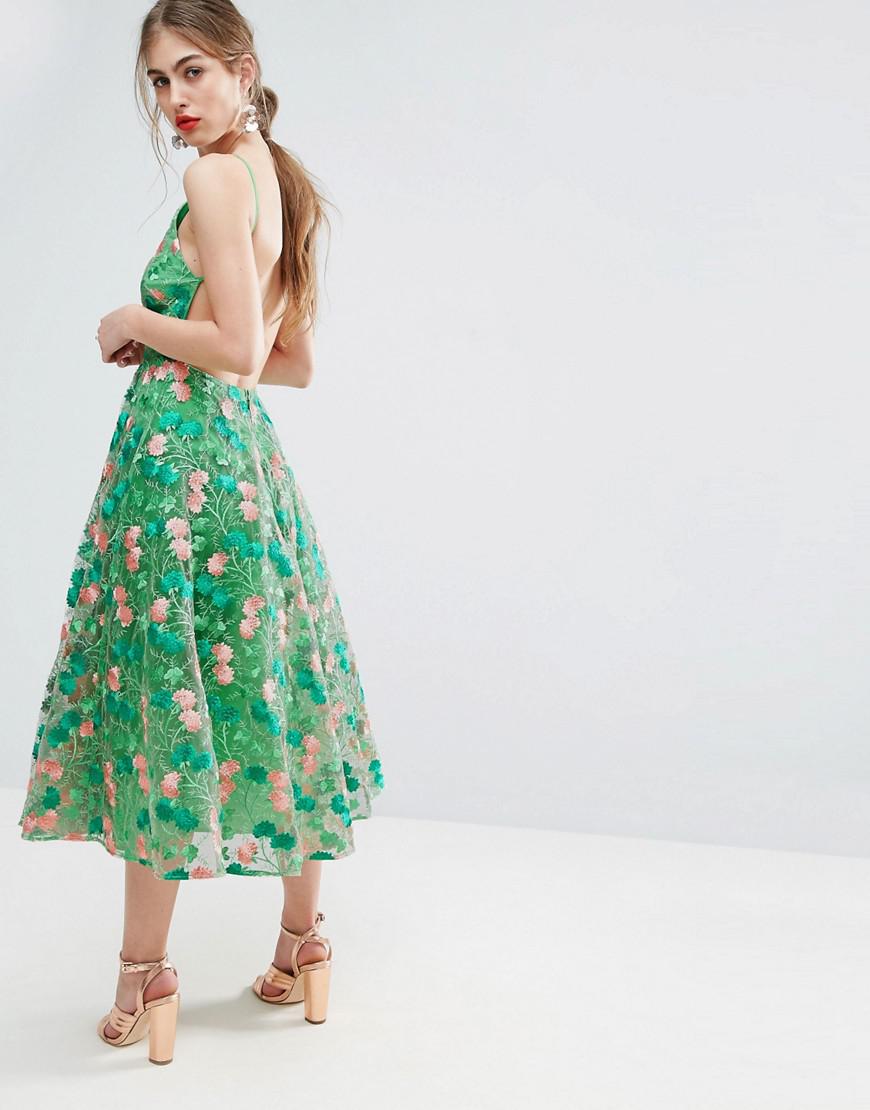ASOS Salon Floral Embroidered Backless Pinny Midi Prom Dress in Green | Lyst