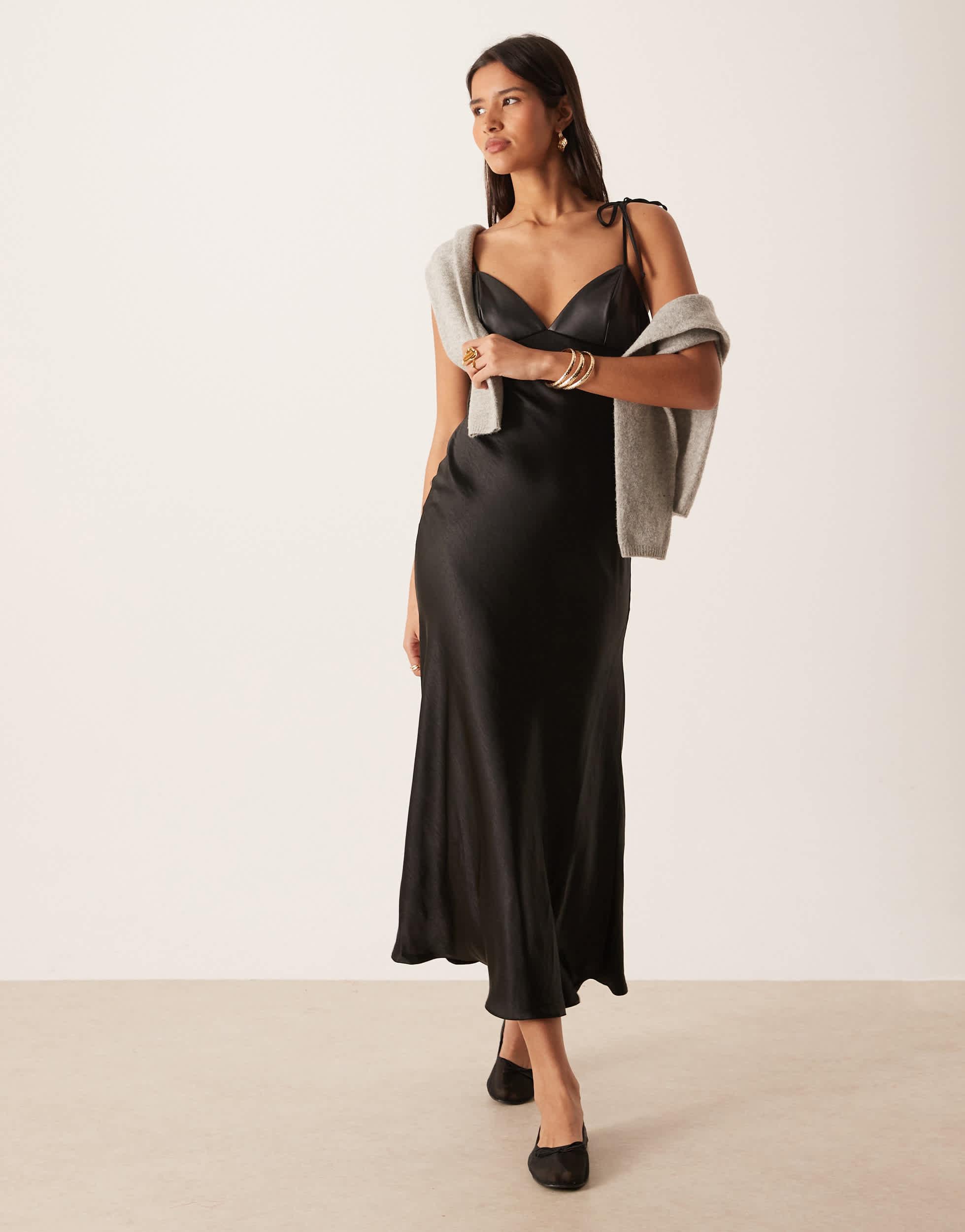 asos slip dress black ASOS DESIGN bias cut black satin midi slip dress w/soft v neckline detail size 8