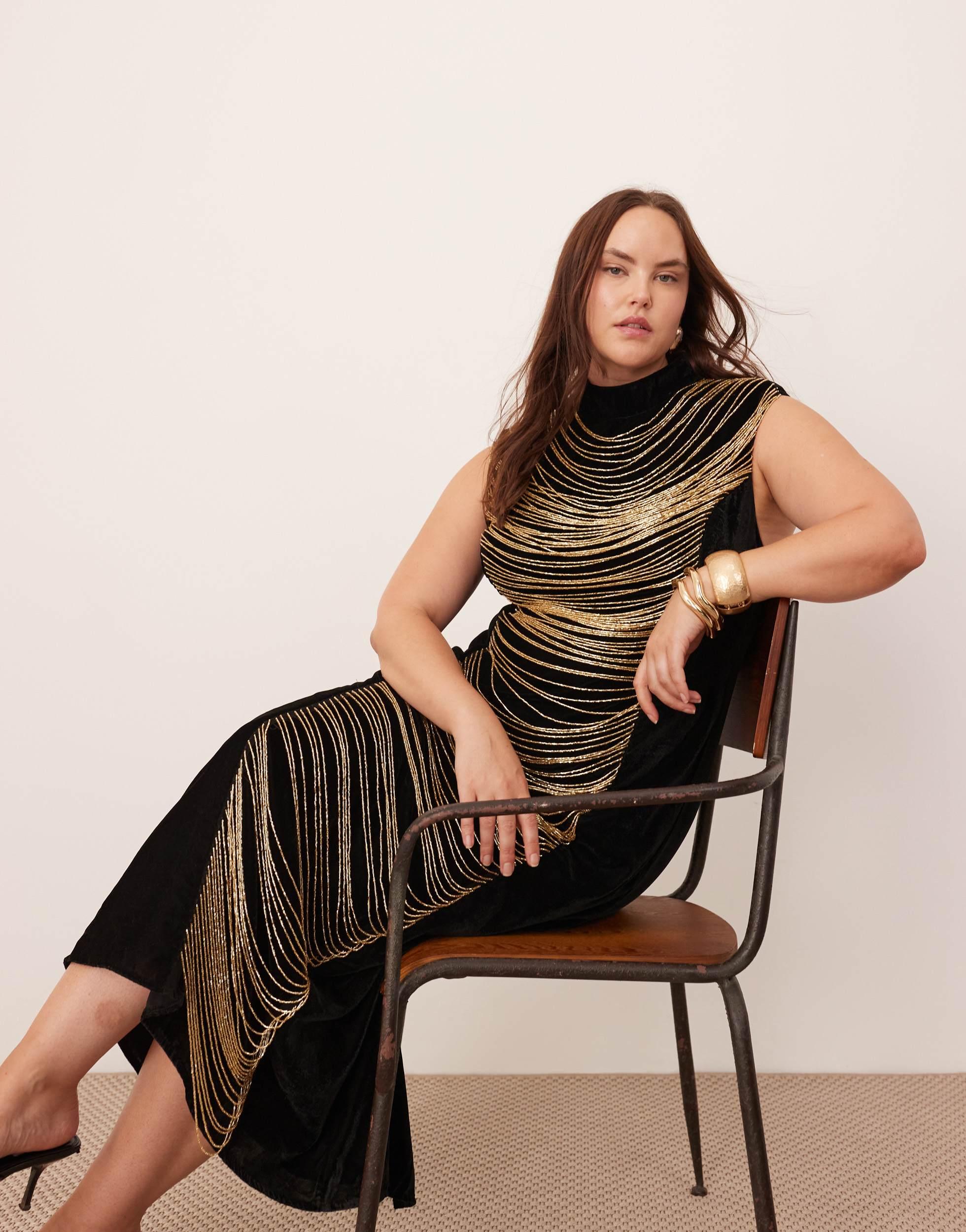 ASOS Curve Velvet Embellished Contour Draped Fringe High Neck Midi Dress in  Black | Lyst