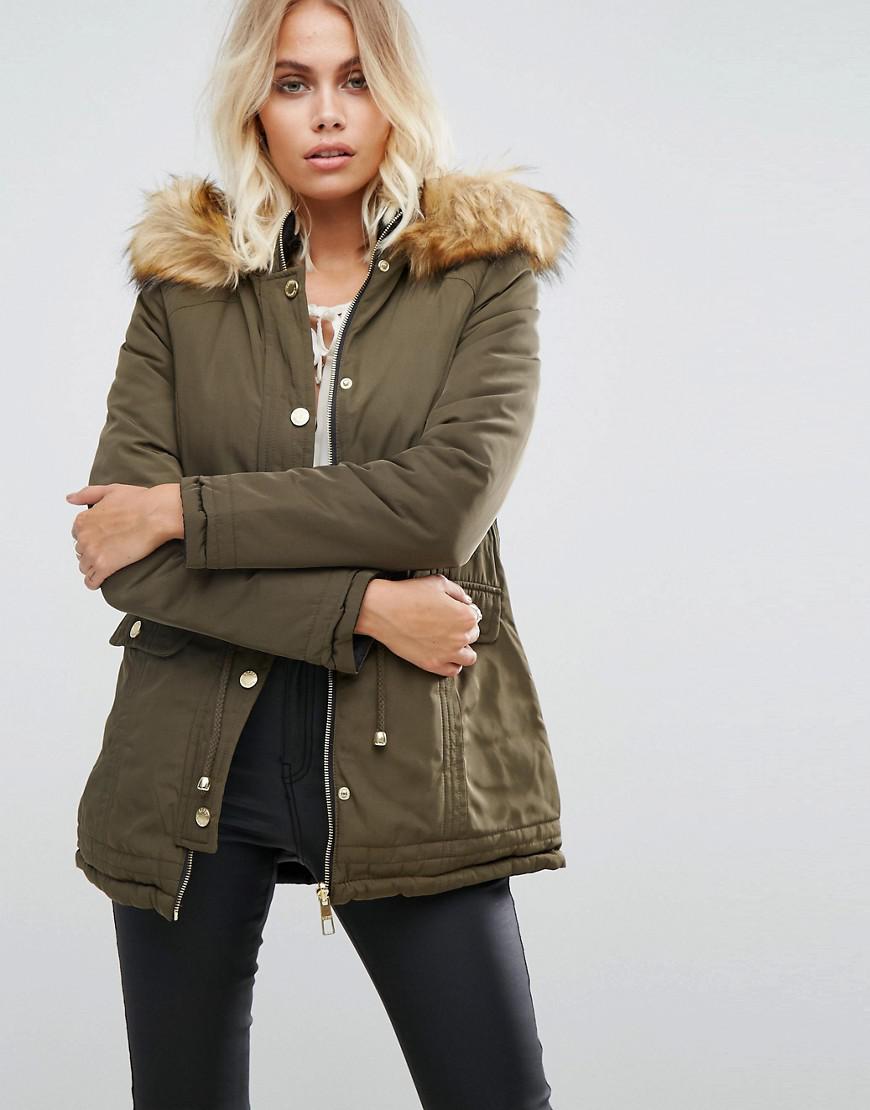 lipsy reversible faux fur puffer jacket with hood in black