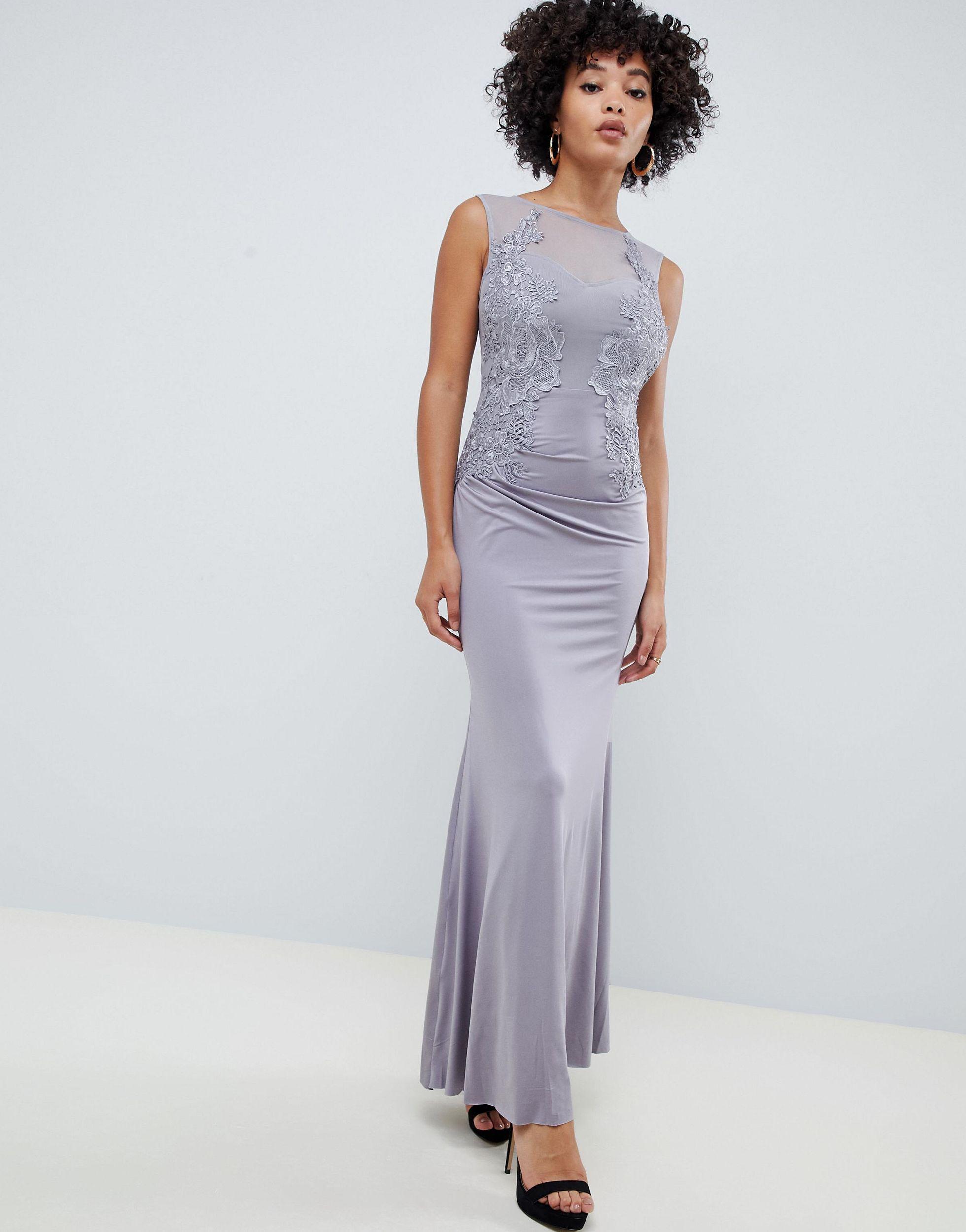 Robe Longue Avec Dos Nageur Et Detail En Dentelle Tulle Ax Paris En Coloris Gris Lyst