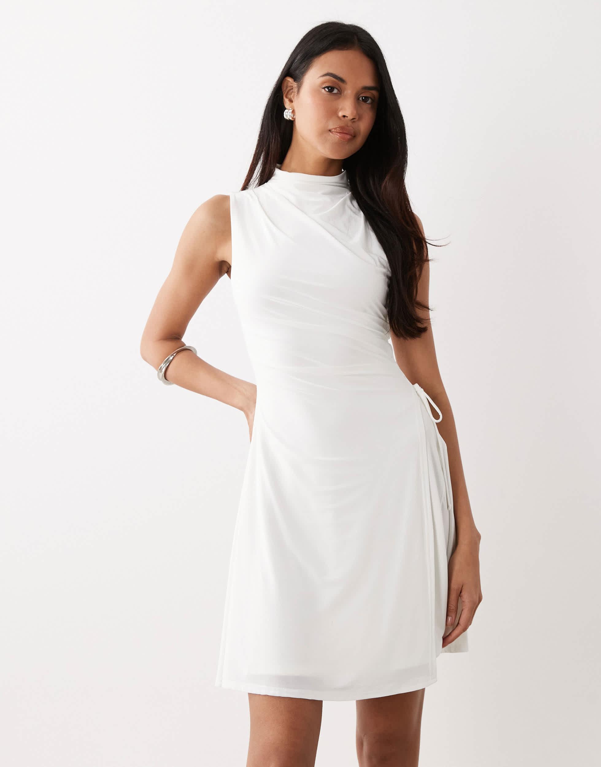 white high neck skater dress White Mini Dress - Lace Long Sleeve Dress - Skater Dress