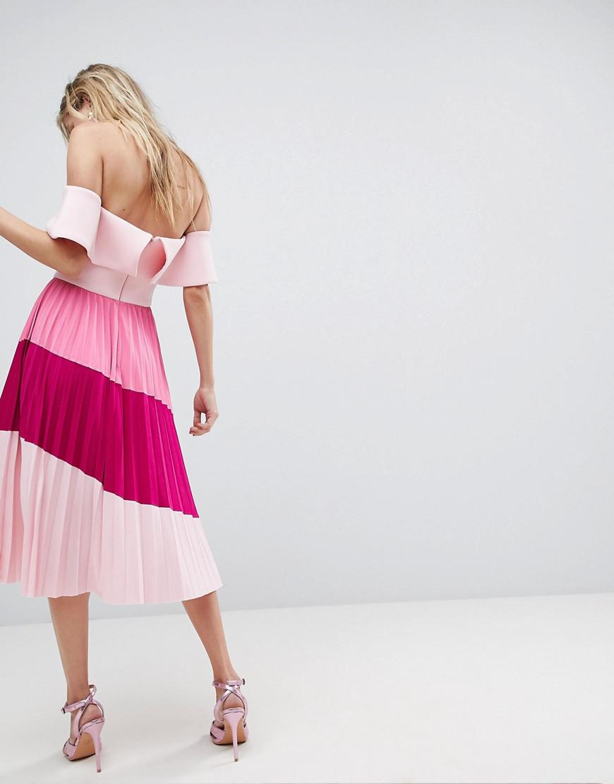 asos scuba bardot colourblock pleated midi dress