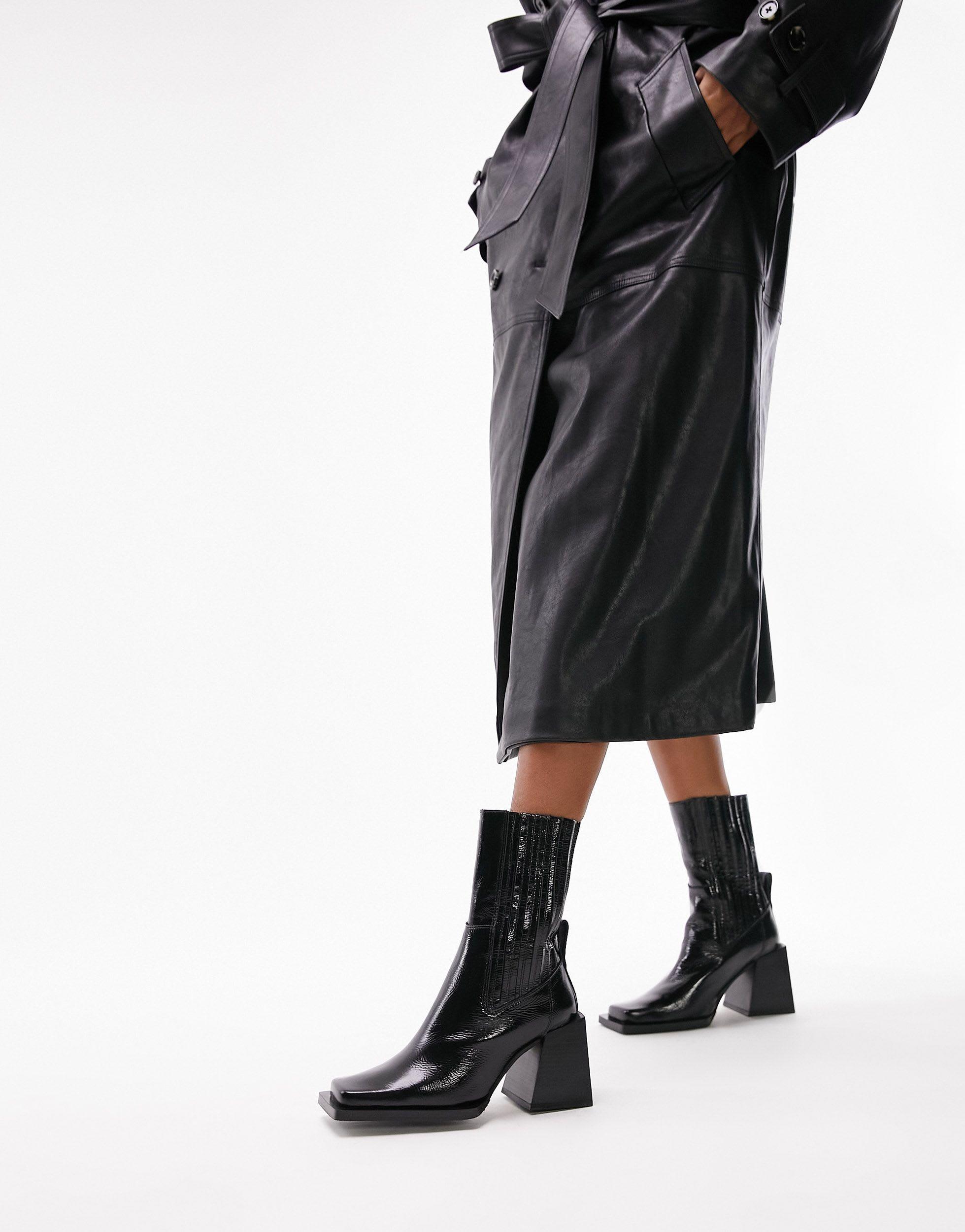 TOPSHOP Polly Premium Leather Square Toe Heeled Chelsea Boots in 