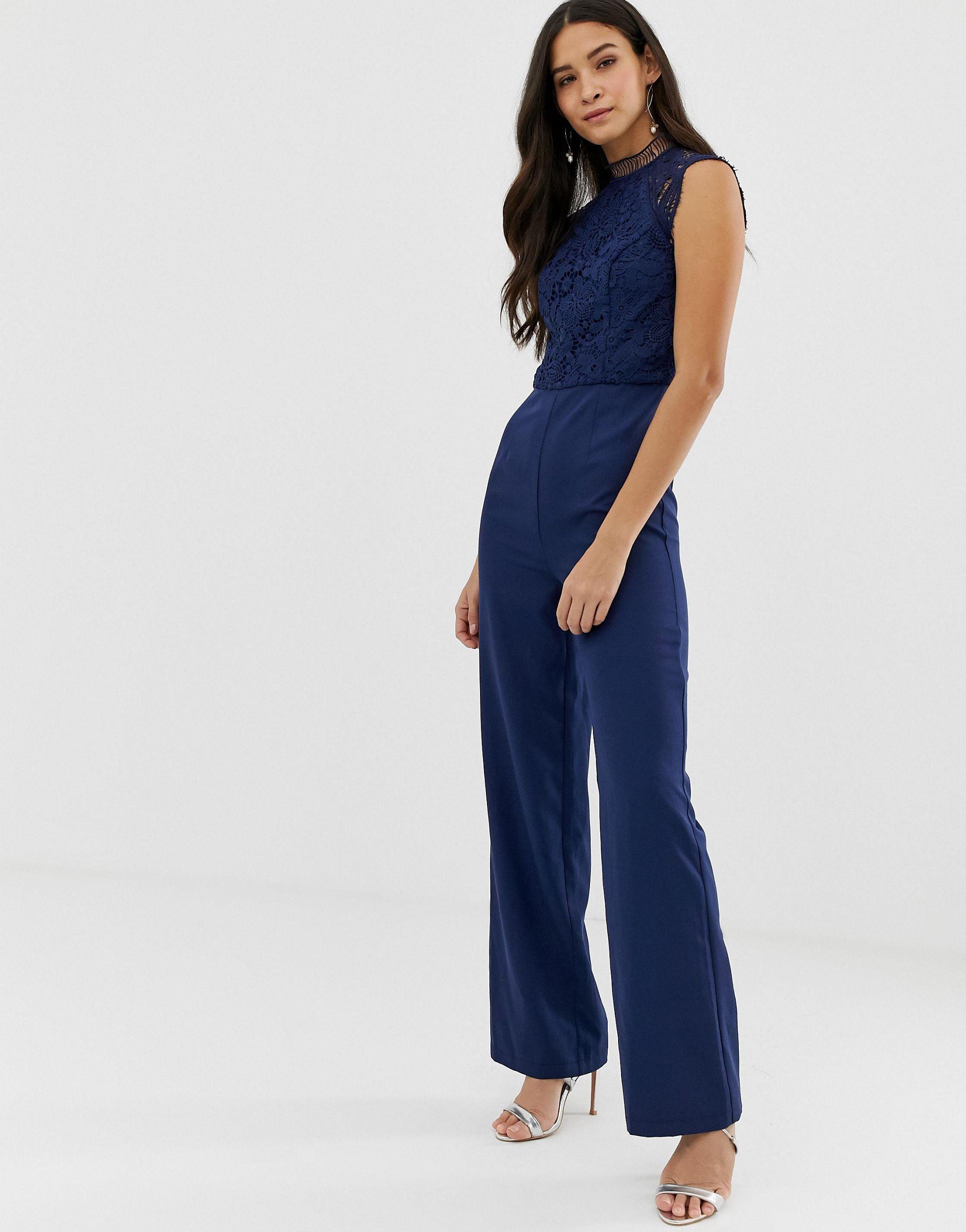 Chi Chi London 2 In 1 High Neck Lace Jumpsuit In Navy in Blue | Lyst