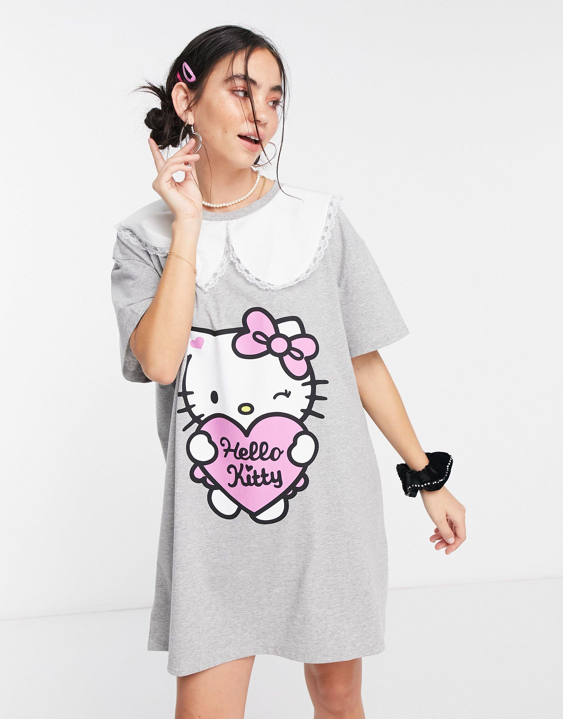 New Girl Order X Hello Kitty Oversized T-shirt Dress With Contrast Vintage  Collar in Grey (Gray) | Lyst