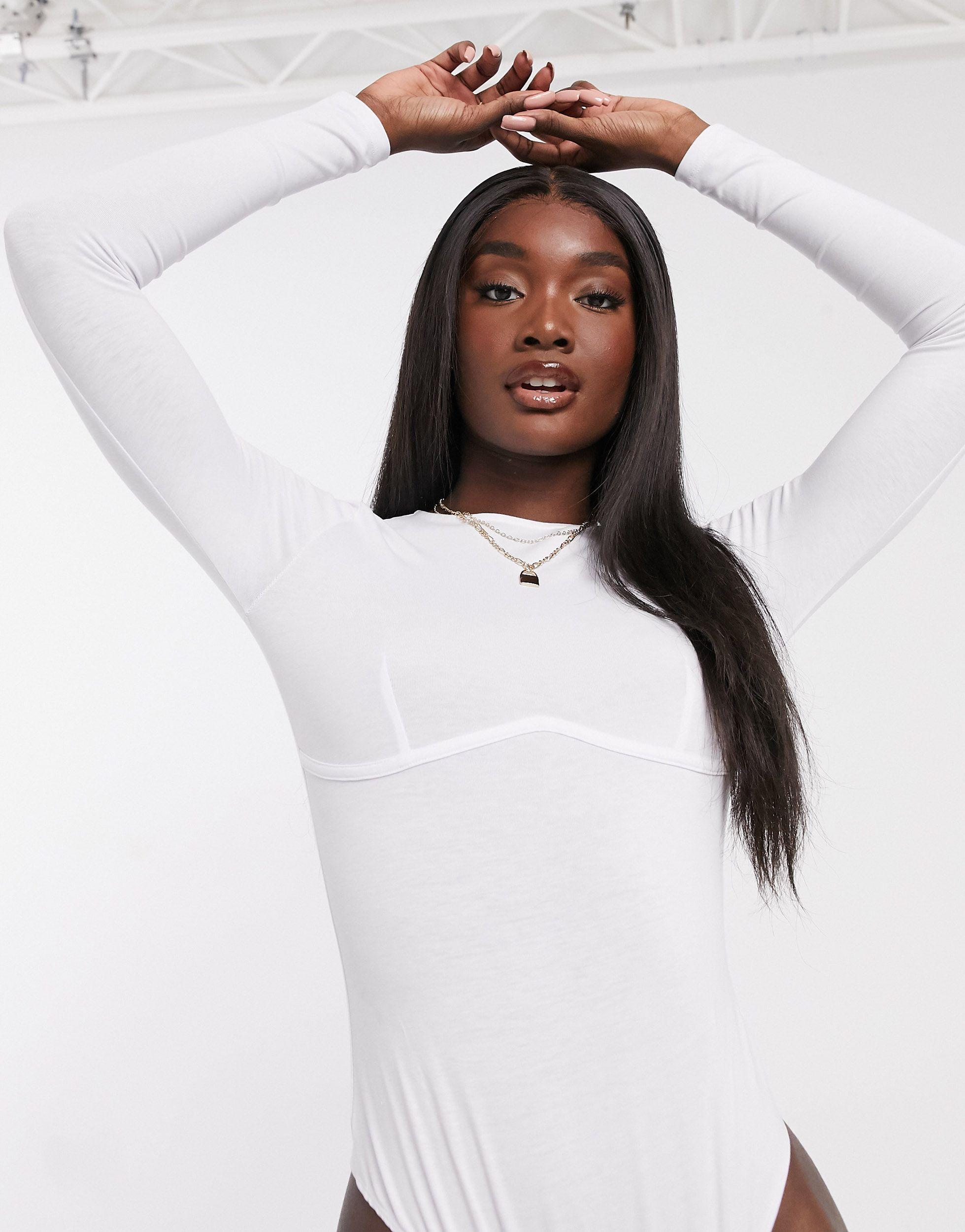 ASOS Long Sleeve Bodysuit With Corset Bust Seam in White