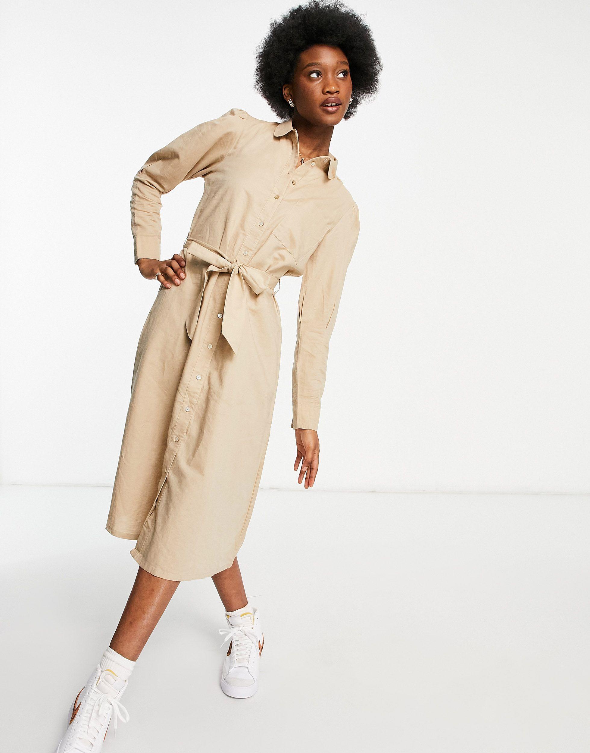 SELECTED Femme Linen Midi Dress With Tie Waist Detail in Natural | Lyst  Australia
