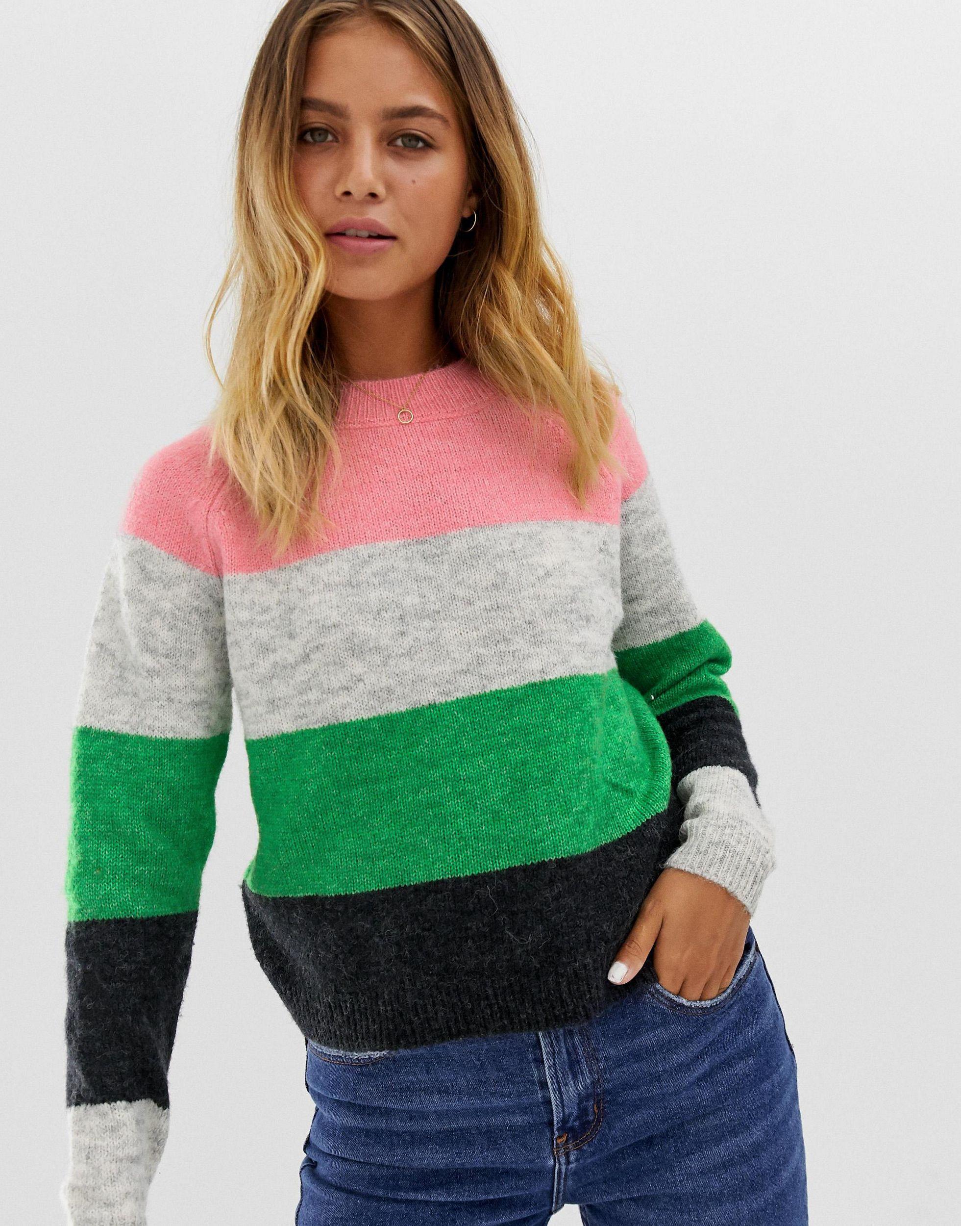 ONLY – Maribel – Bunt gestreifter Pullover aus Wollmischung in Pink | Lyst  DE