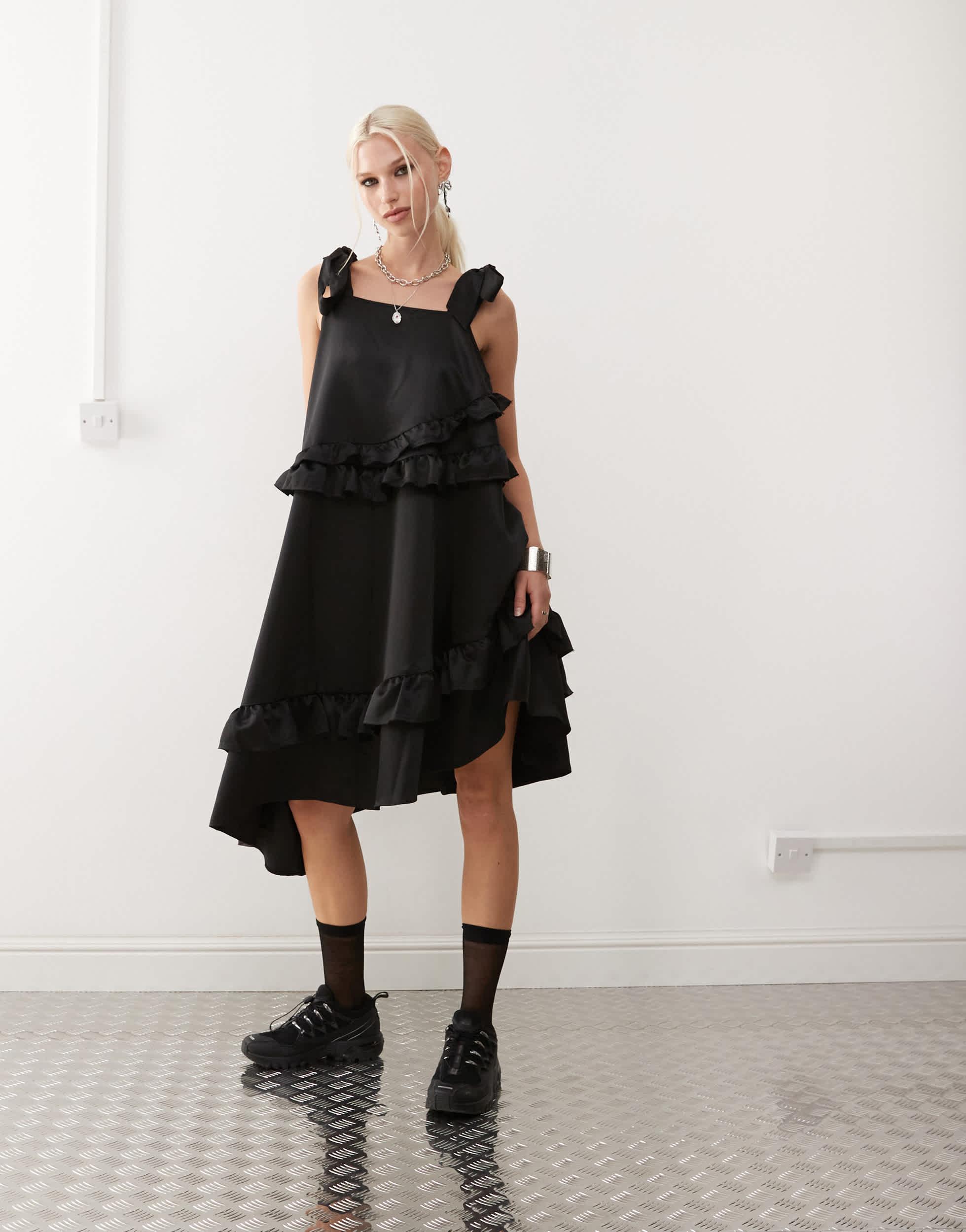 Collusion Satin Ruffle Smock Dress in Black | Lyst Collusion Satin Ruffle Smock Dress in Black | Lyst