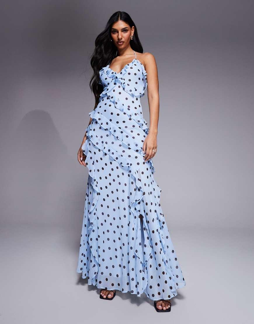 navy blue halter mermaid dress Sky Blue Halter Mermaid Satin Beaded Long Formal Prom Dresses With Slit Navy Blue / 00 main image 0