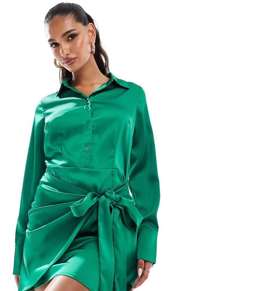 In The Style X Perrie Sian Exclusive Satin Wrap Tie Side Mini Shirt Dress  in Green | Lyst UK