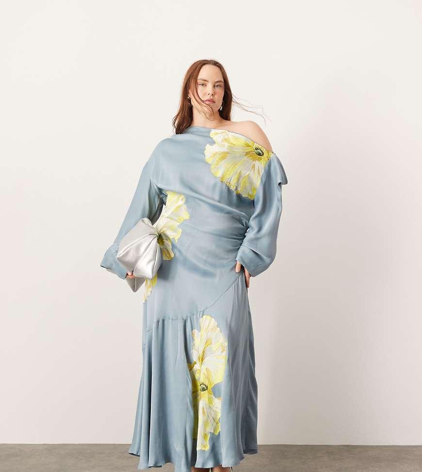 asos edition drape asymmetric midi dress in satin Curve Embroidered One Shoulder Blue Color:As_Picture this dress is perfect Long Wedding Dress Black Chiffon Asymmetric Strap