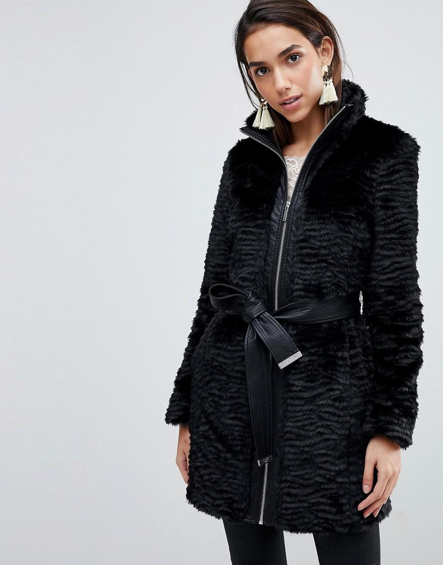 Lipsy Faux Fur Coat With Belt And Zip Front in Black - Lyst