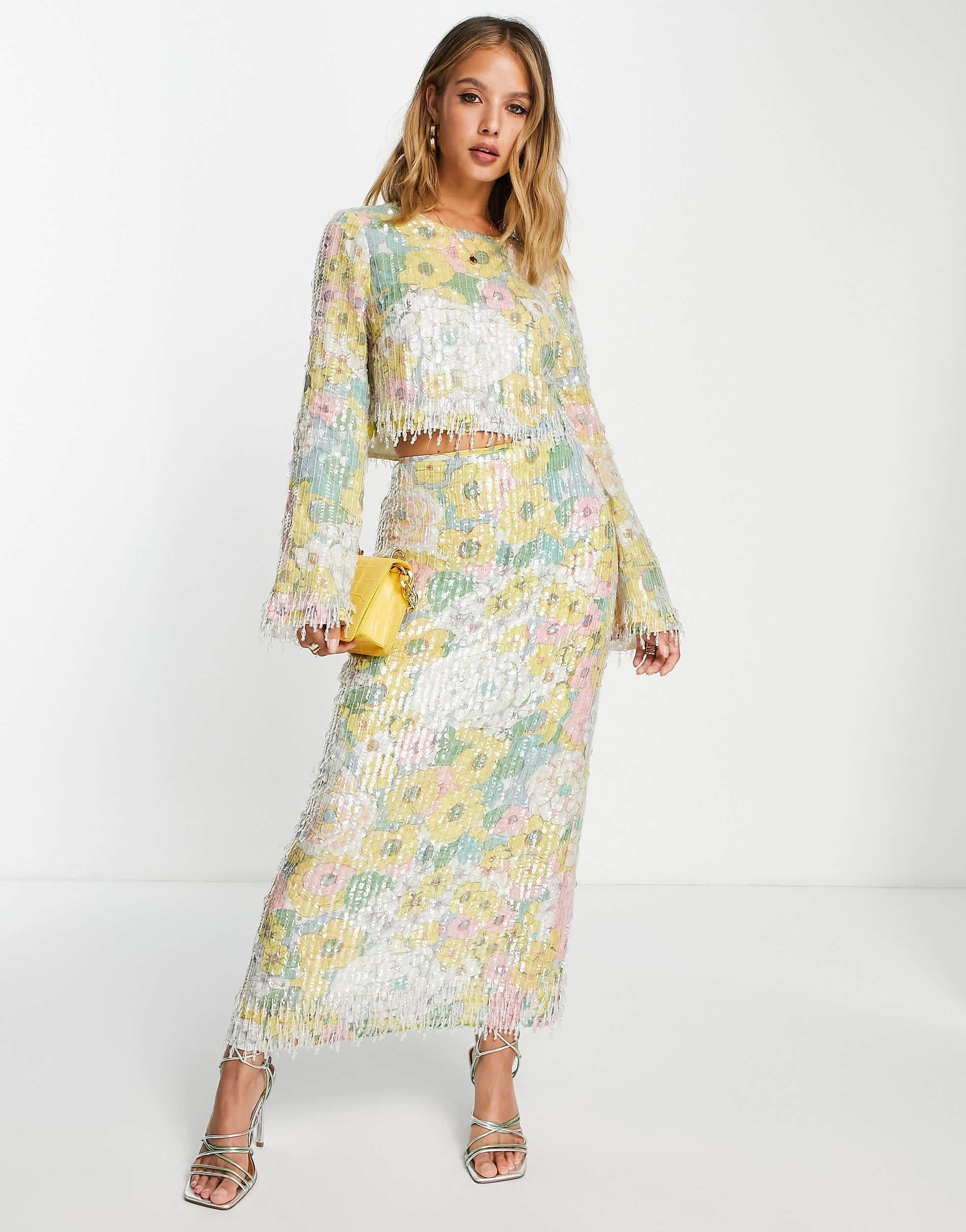 ASOS Pastel Floral Print And Sequin Midi Skirt With Fringe Lyst