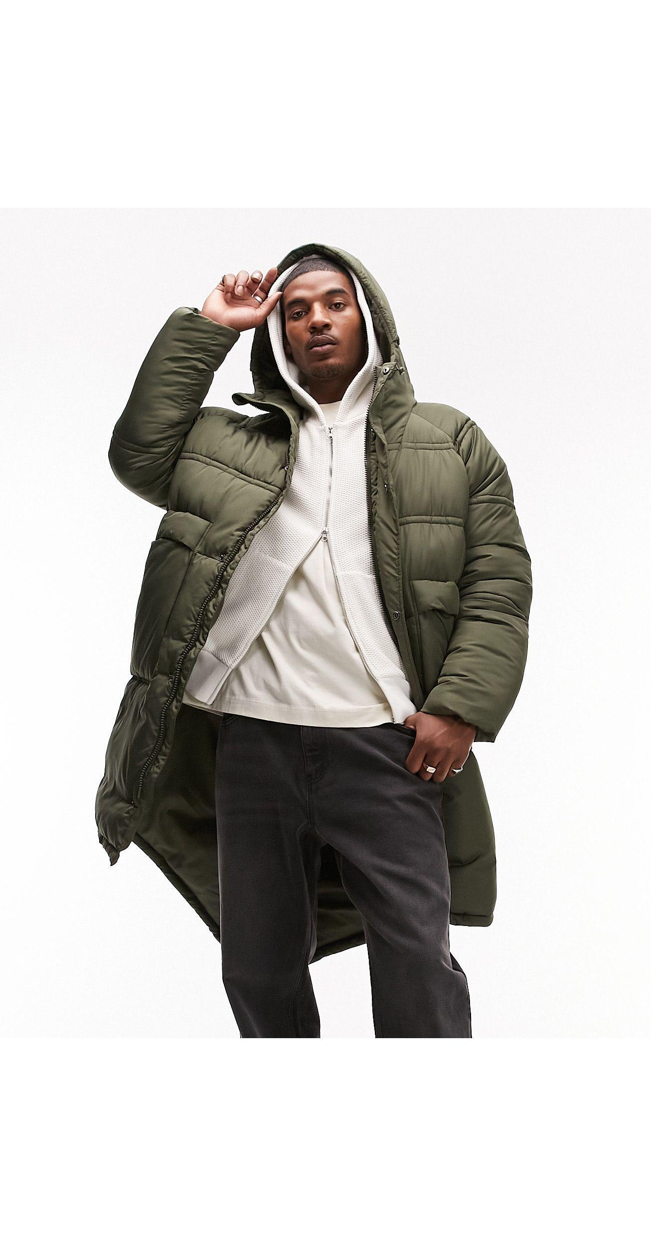 TOPMAN Long Line Puffer Coat With Fishtail in Grey for Men | Lyst UK