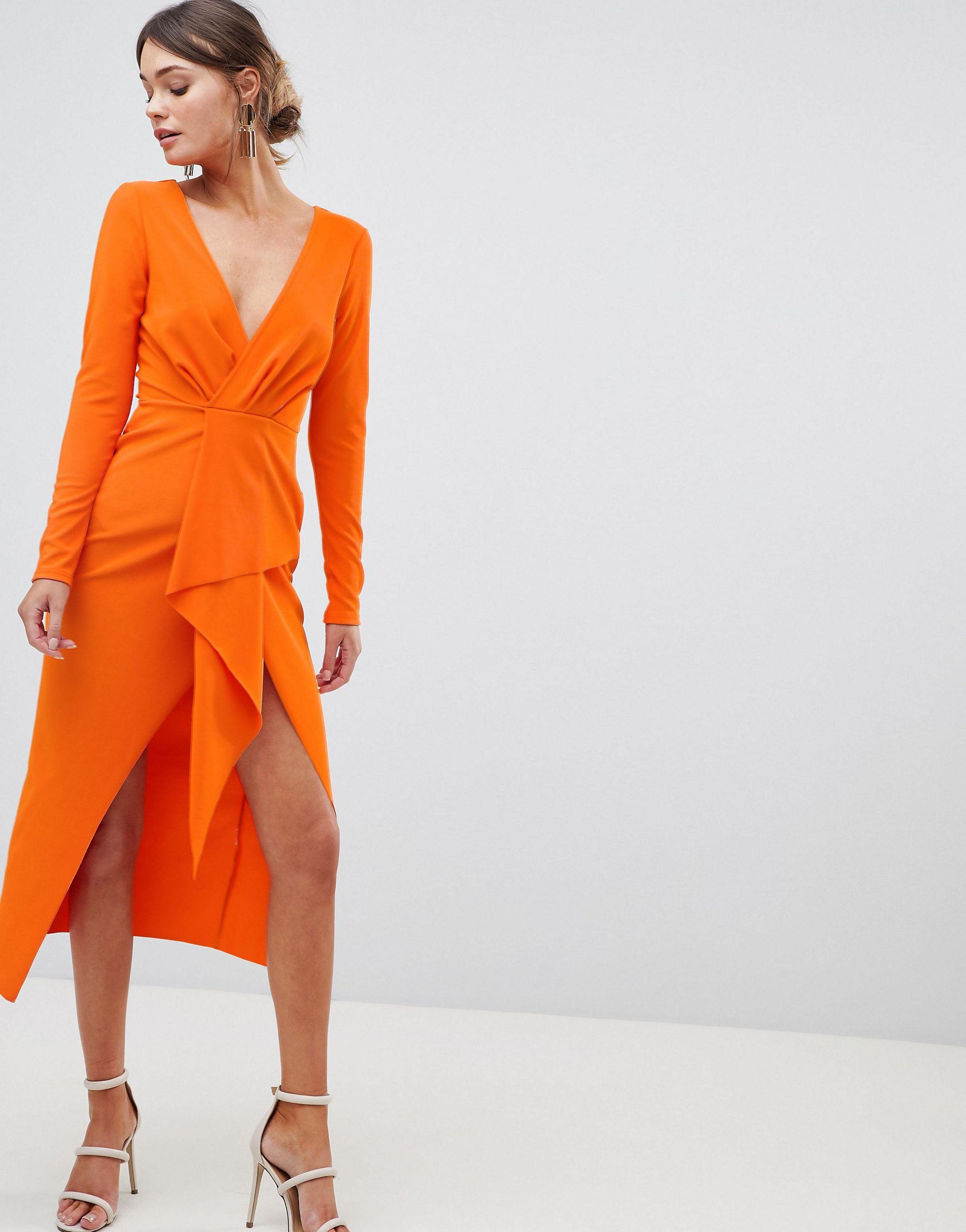 ASOS Sleeve Deep Midi Dress in Orange | Lyst