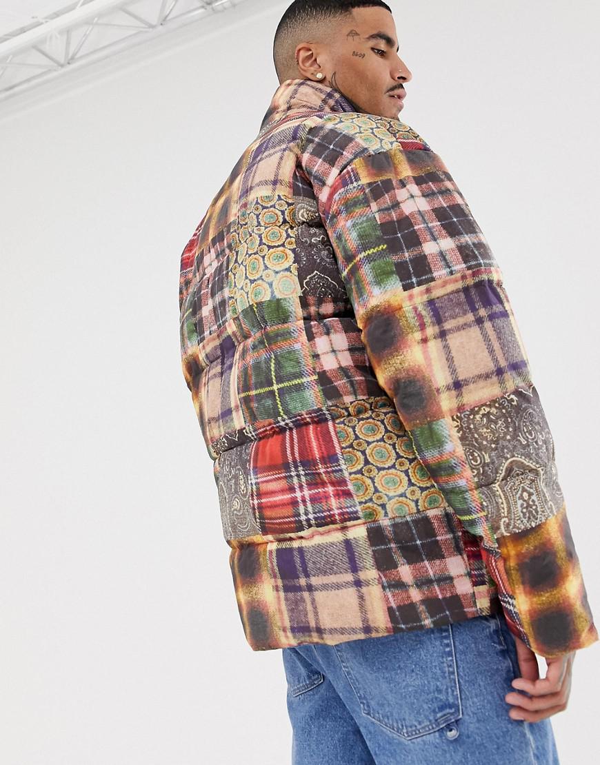 ASOS Synthetic Puffer Jacket With Patchwork Check Print in Red for Men -  Lyst