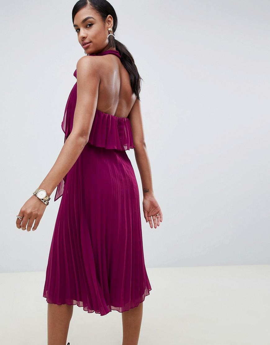 halter tie neck midi dress in pleat