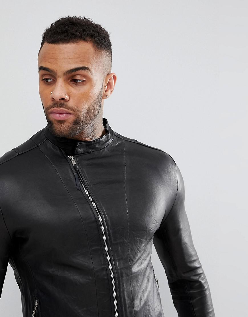 Religion Collarless Leather Jacket in Black for Men | Lyst
