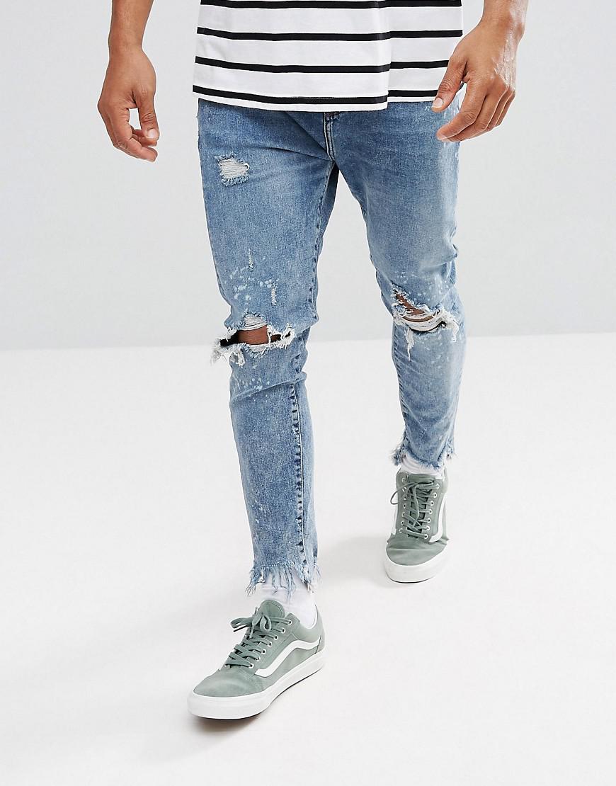 Bershka Denim Carrot Fit Jeans With Rips In Acid Wash in Blue for Men - Lyst