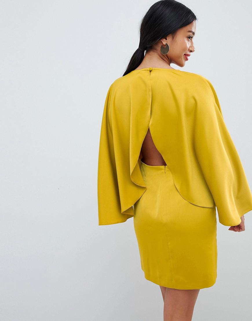 ASOS Asos Design Satin Cape Kimono Sleeve Deep Plunge Mini Dress in Yellow  | Lyst