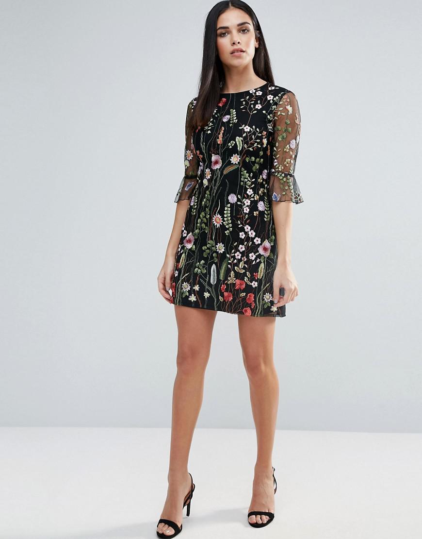 Lipsy Floral Embroidered Shift Dress in Black | Lyst