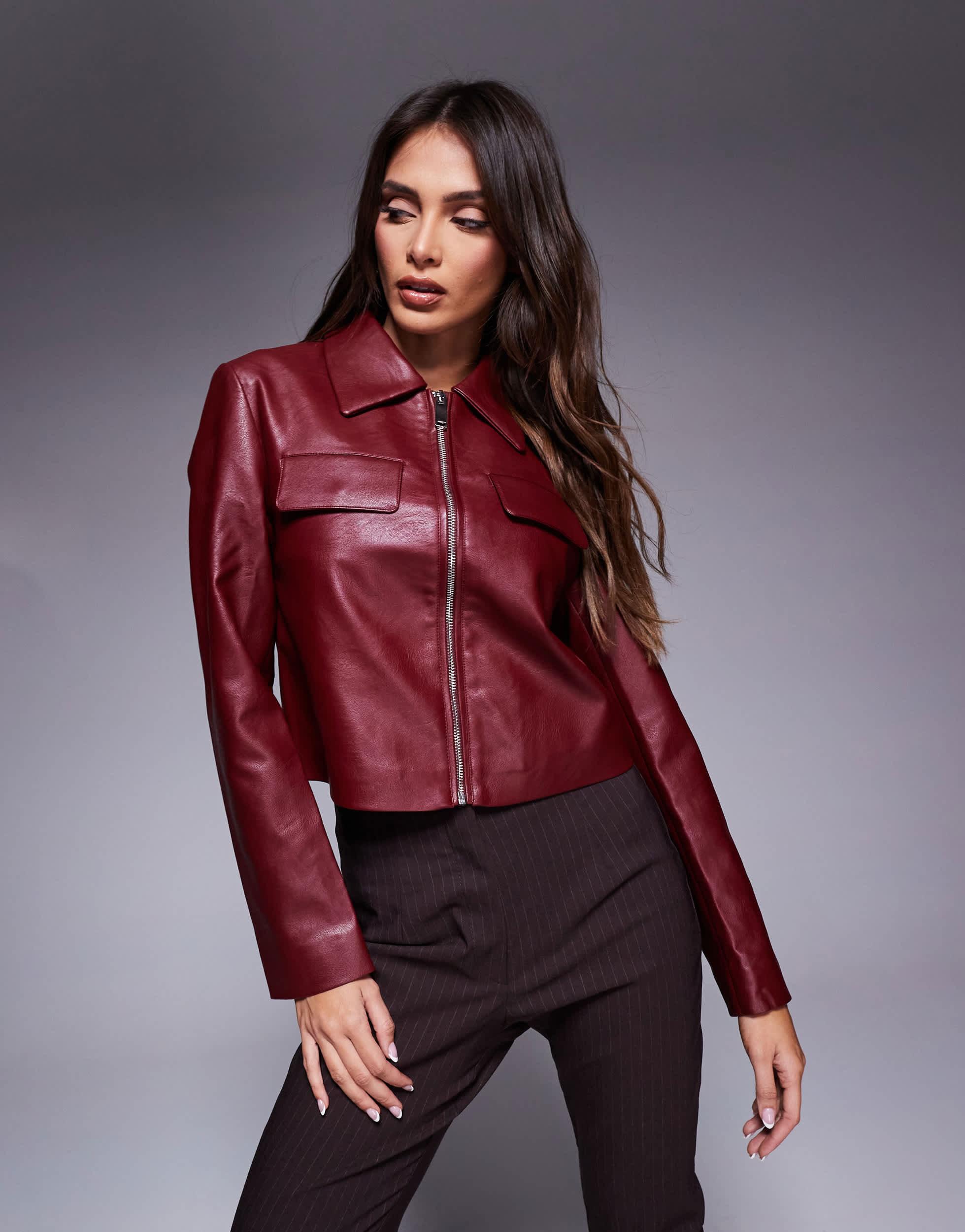 Burgundy River Island Red Aviator Jacket River Island PU Cropped