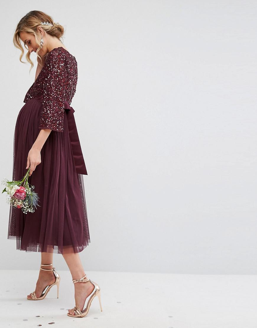 Maya Maternity Bell Sleeve Midi Dress In Tonal Delicate Sequin With Tulle  Skirt And Kimono Sleeve in Red | Lyst UK