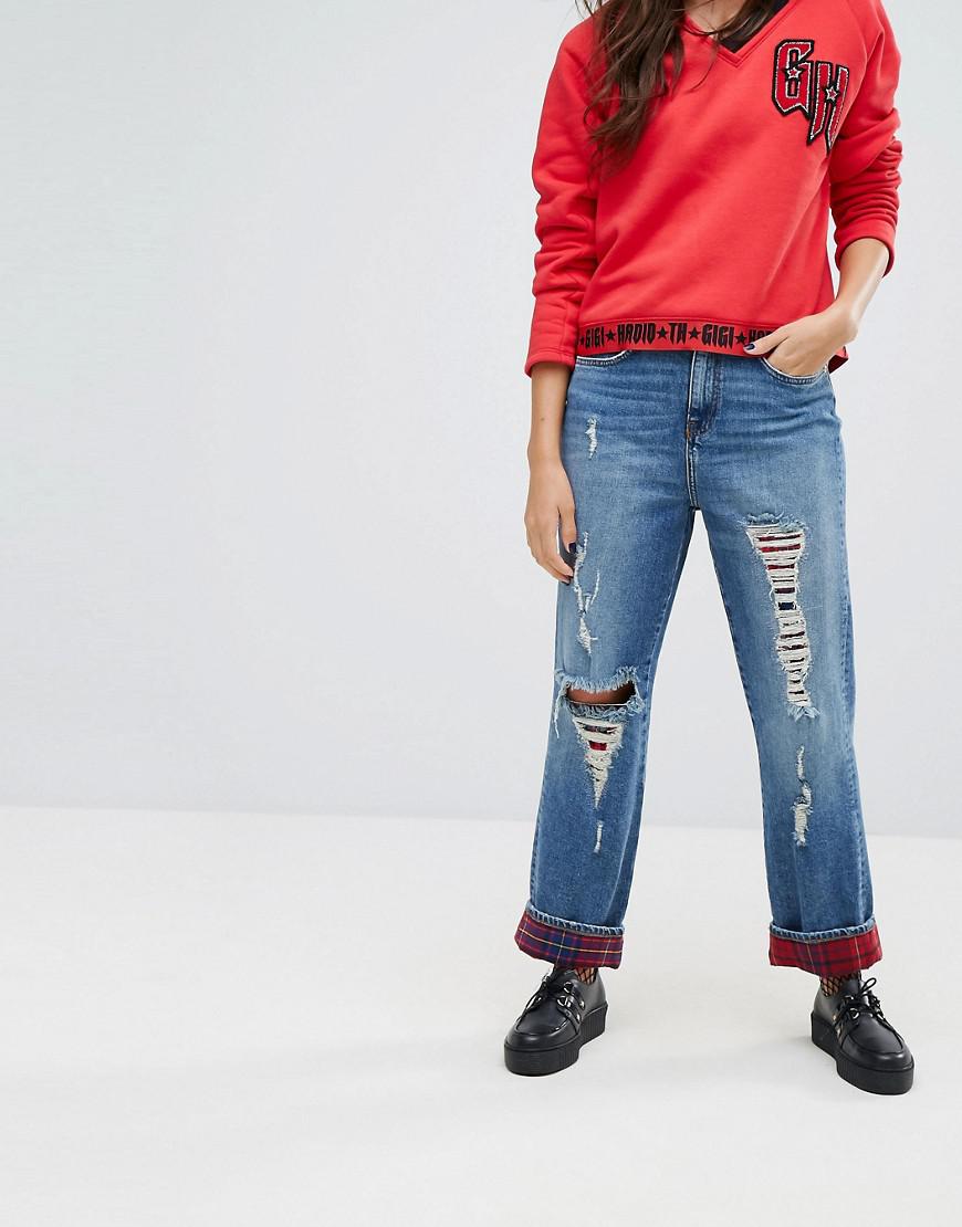 Gigi Hadid High Waist Cropped Straight Leg Jean With Tartan Detail